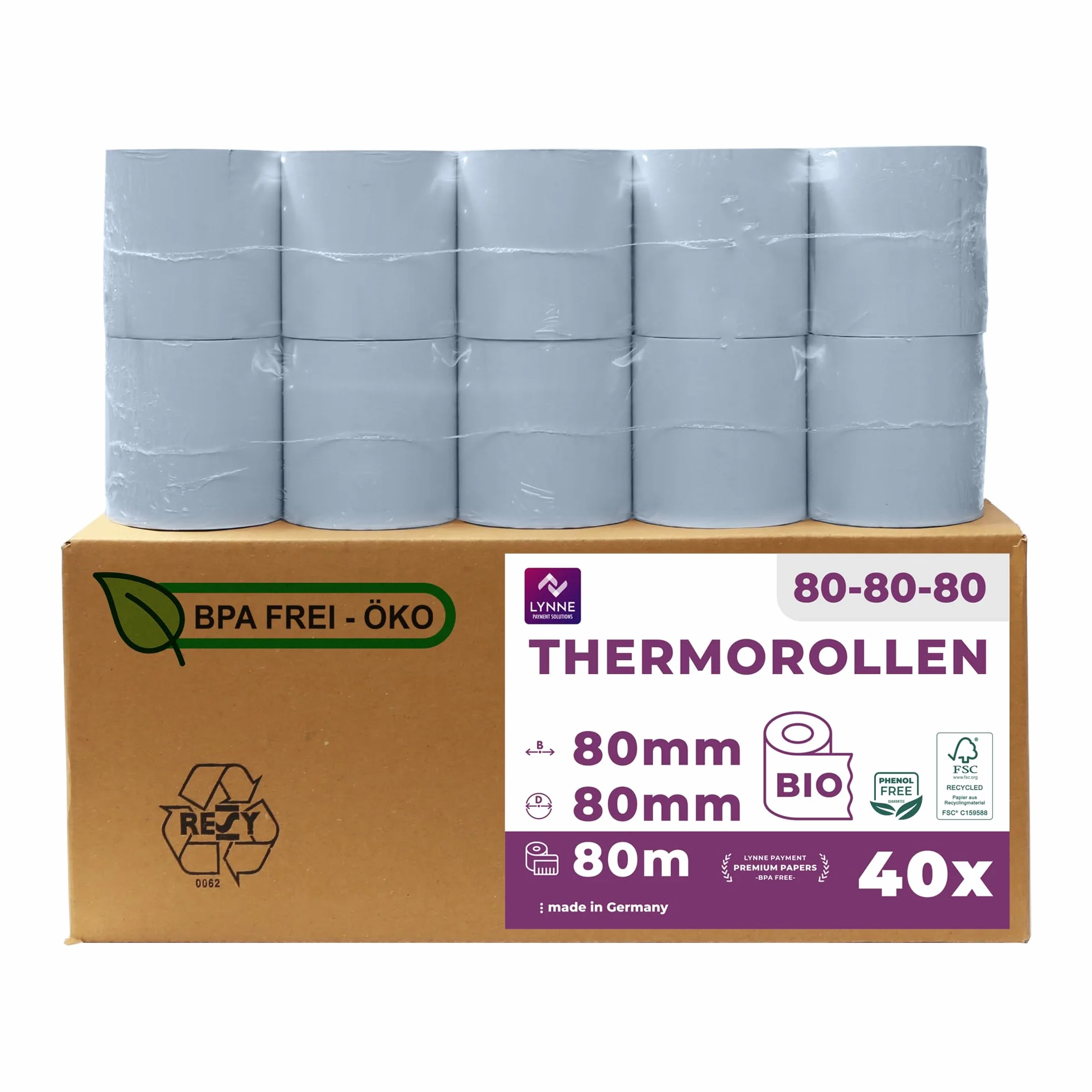 ÖKO rotoli di carta termica 80 mm x 80 m x 12 mm, rotoli di carta termica senza fenolo (40 rotoli)