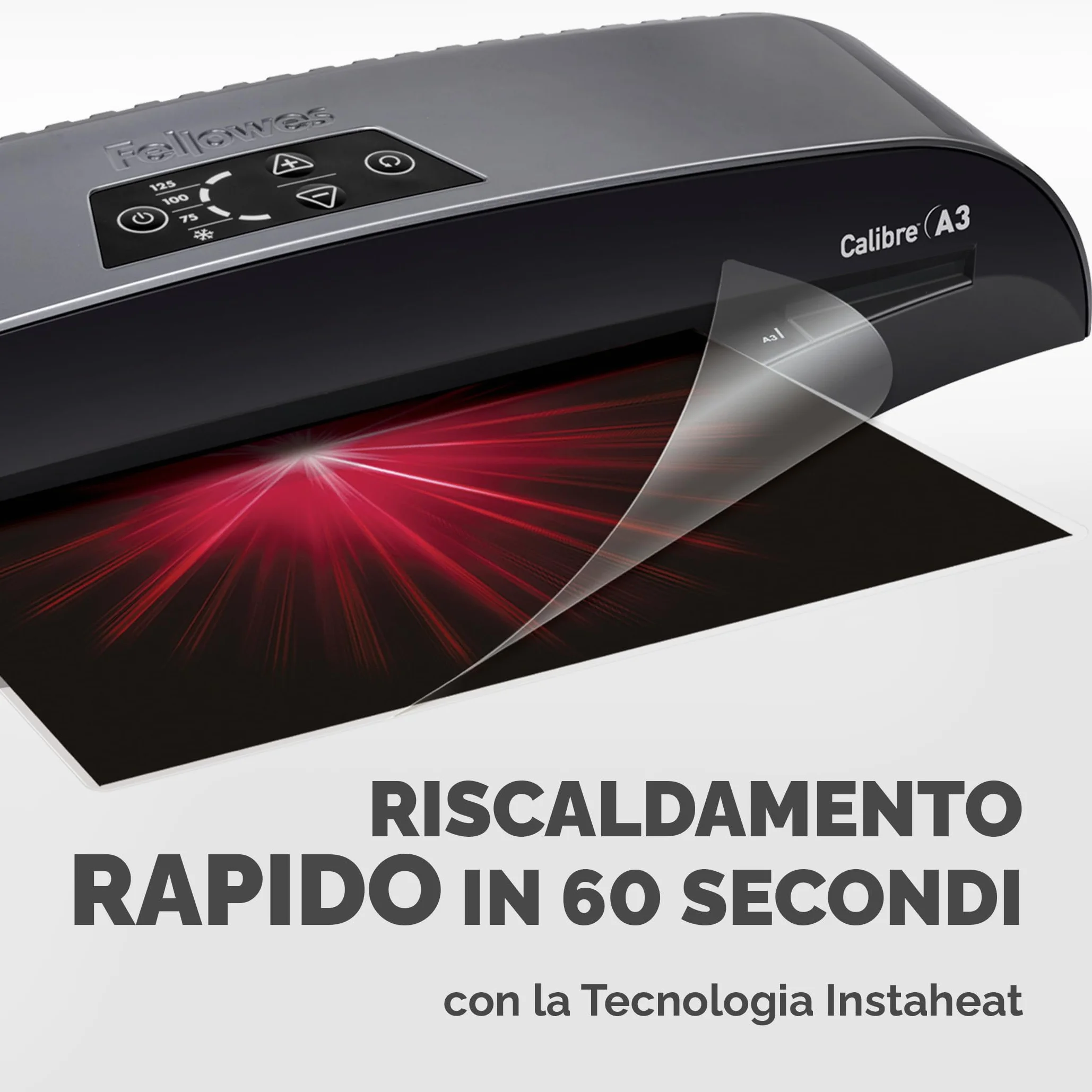 Fellowes Plastificatrice A4 Calibre per piccoli uffici, Pronta in 1 minuto con Spegnimento e modalità Riposo, 80-125 Micron, Kit con 10 fogli A4 per plastificazione incluso, Nero