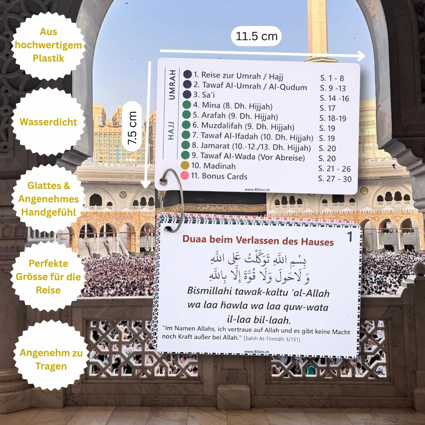 Bismillah and Hajj Duaa Cards & Guide per Hajj e Umrah con Supporto per Badge Argento