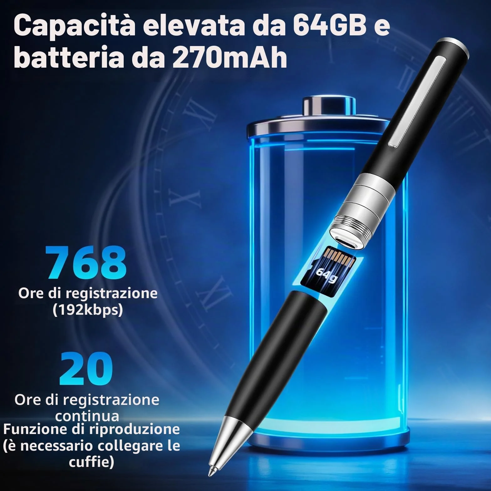 Penna registrazione vocale 64 GB - Dittafono Registratore Vocale automatico e continuo tramite attivazione rotativa, Registratore Vocale Spia Discreta per Corsi, Incontri, Interviste