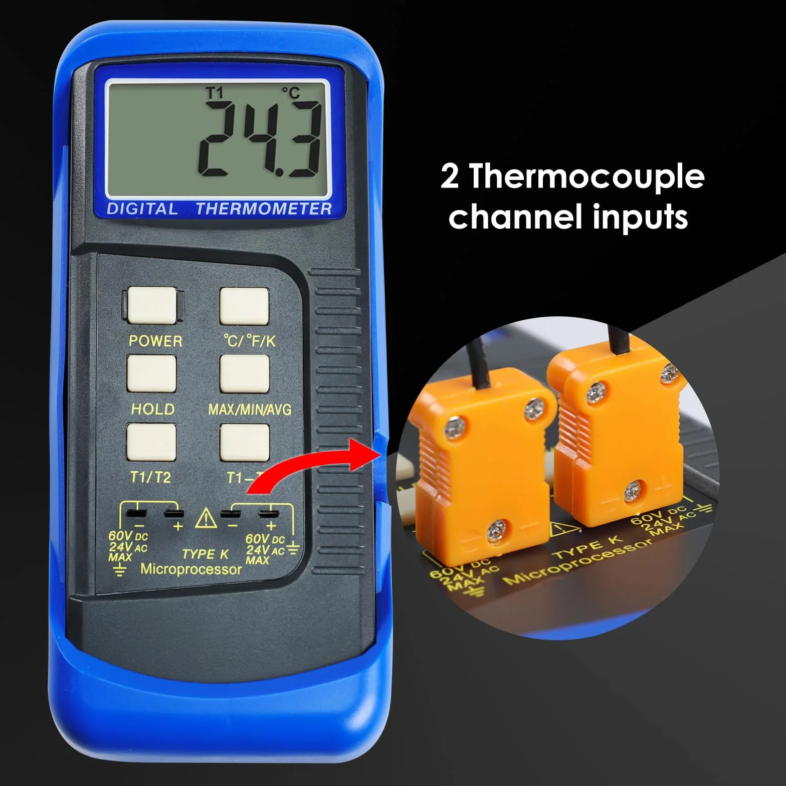 Termometro Digitale Tipo K Termocoppia Doppio Canale 4 Sonde Cablate Acciaio Inossidabile -50~1300°C Tester Portatile
