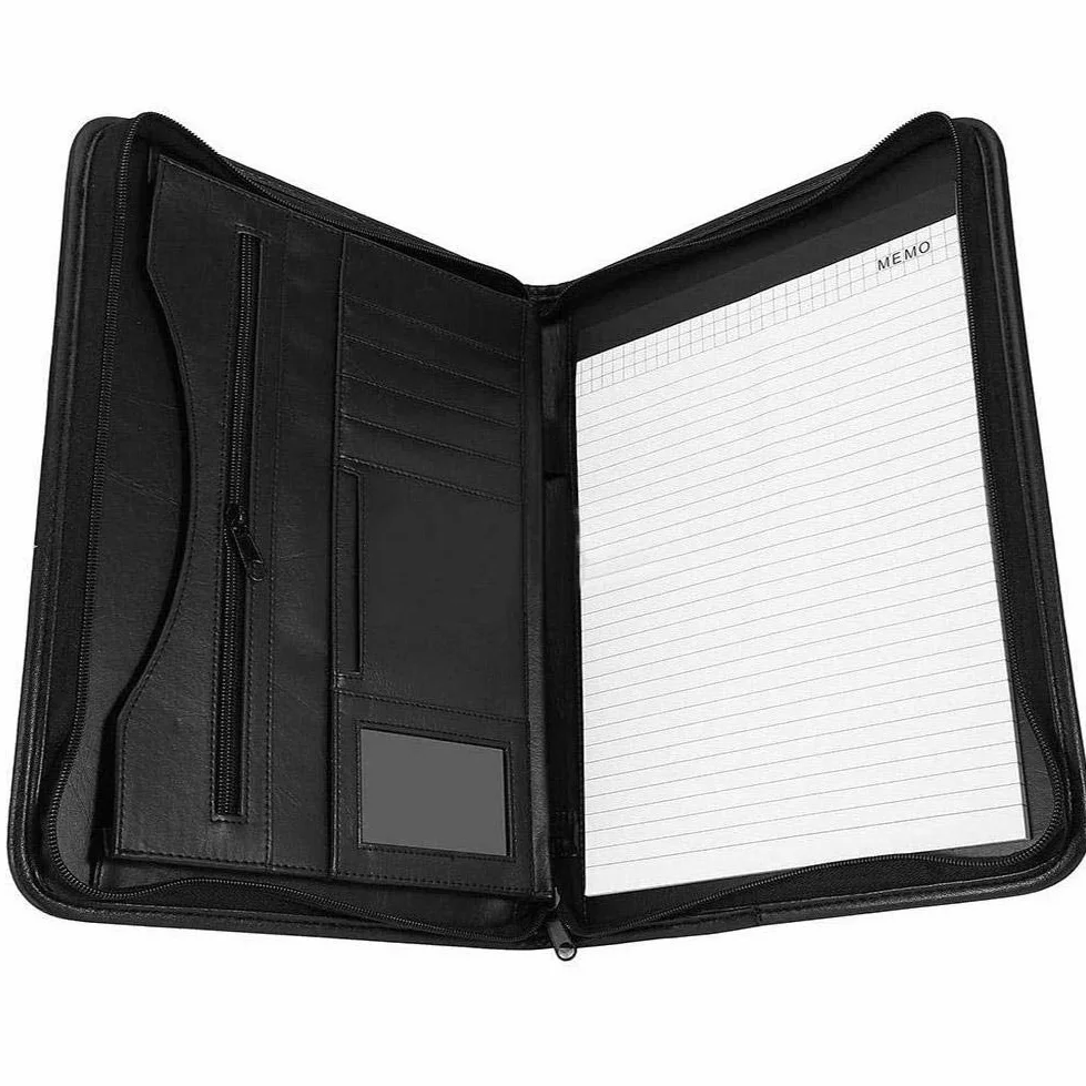 Cartella Portadocumenti A4 Pelle con Cerniera, Cartelle Porta Documenti Organizer Borsa per Conferenza, con fessure e porta biglietti, Nero