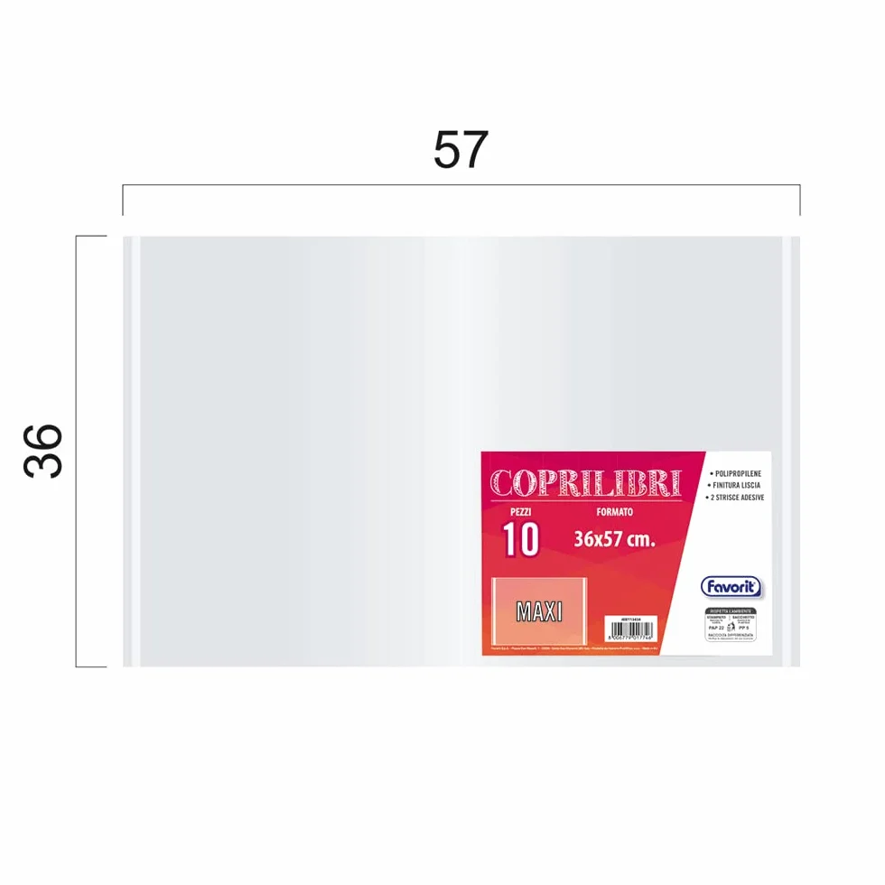 Favorit Coprilibri Formato Maxi 36 x 57 Trasparenti, Finitura Liscia, Conf. 10 pezzi