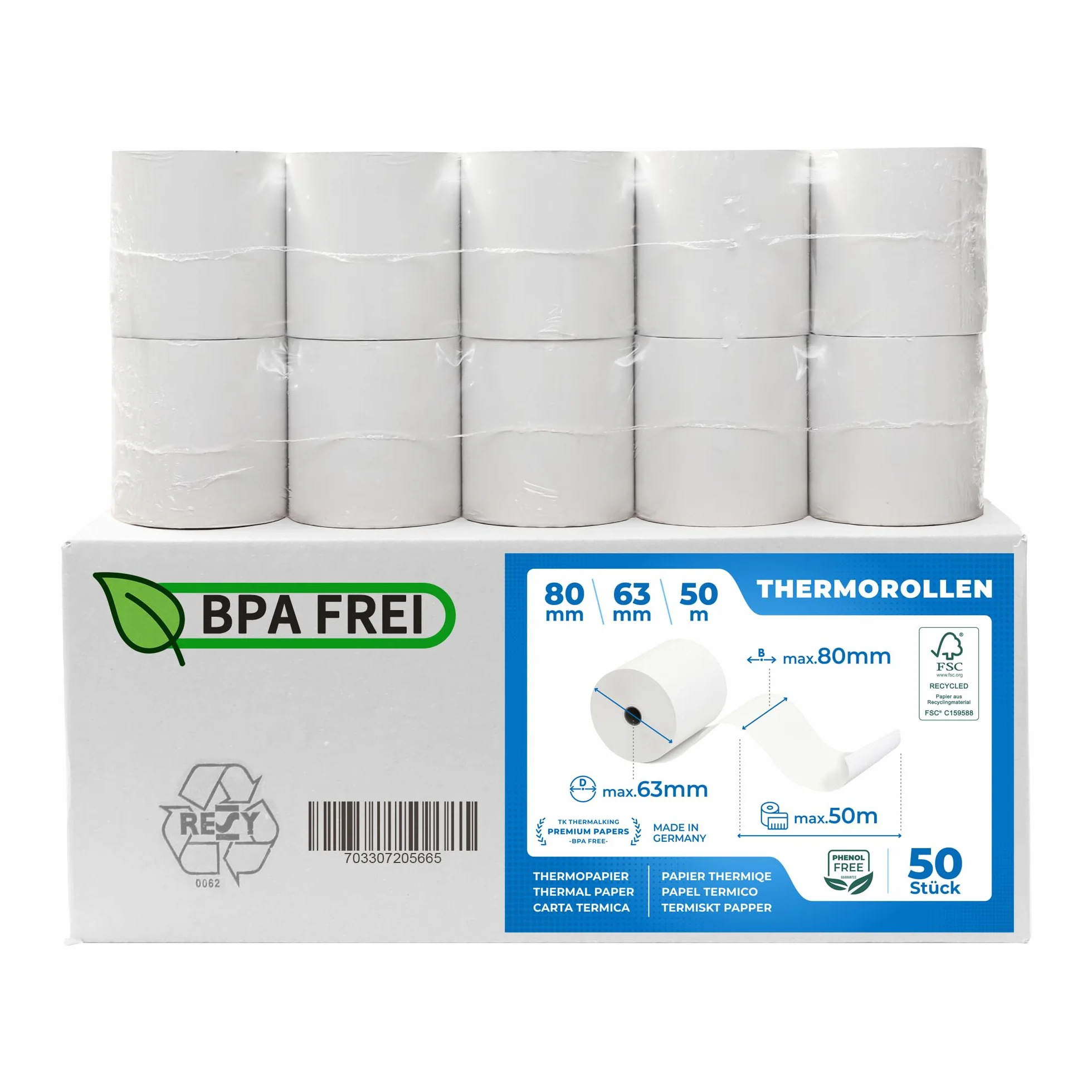 THERMALKING - Rotoli Cassa 80x63 Termica Fiscale [senza BPA] - Rotolo per stampante registratore di cassa fiscale 80mm x 50m x 12mm - Rotolini carta termica 80x63x12 - [50x]