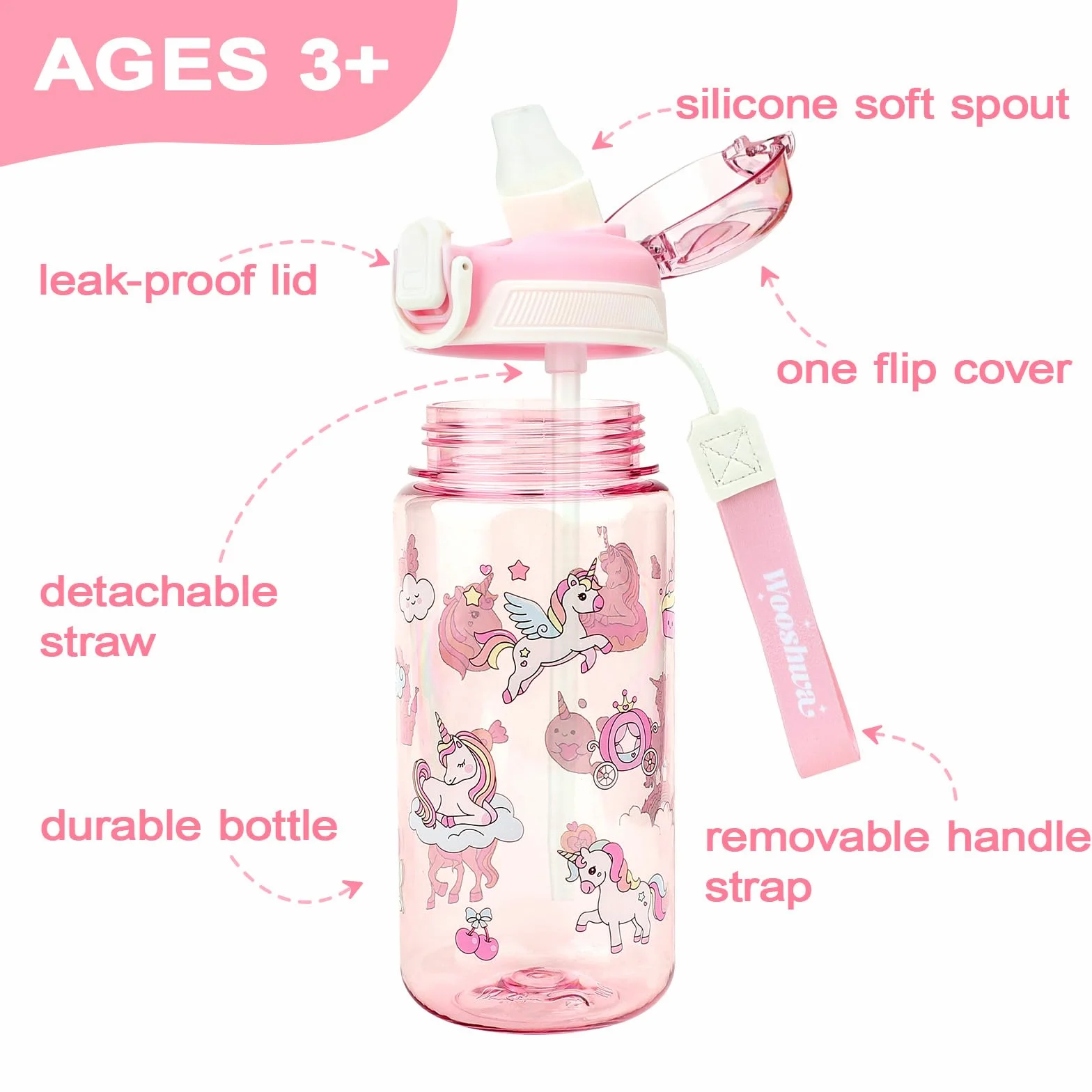 Borraccia Bambini 600 ml con Cannuccia Unicorno Rosa Priva di BPA Lavabile in Lavastoviglie