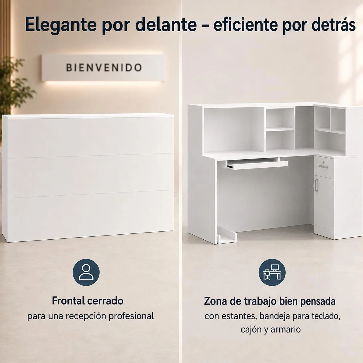 Banco reception, scaffalatura rimovibile, banco reception con 1 cassetto e 1 armadio,banchi di ricezione in MDF, 140 x 80 x 120 cm, bianco