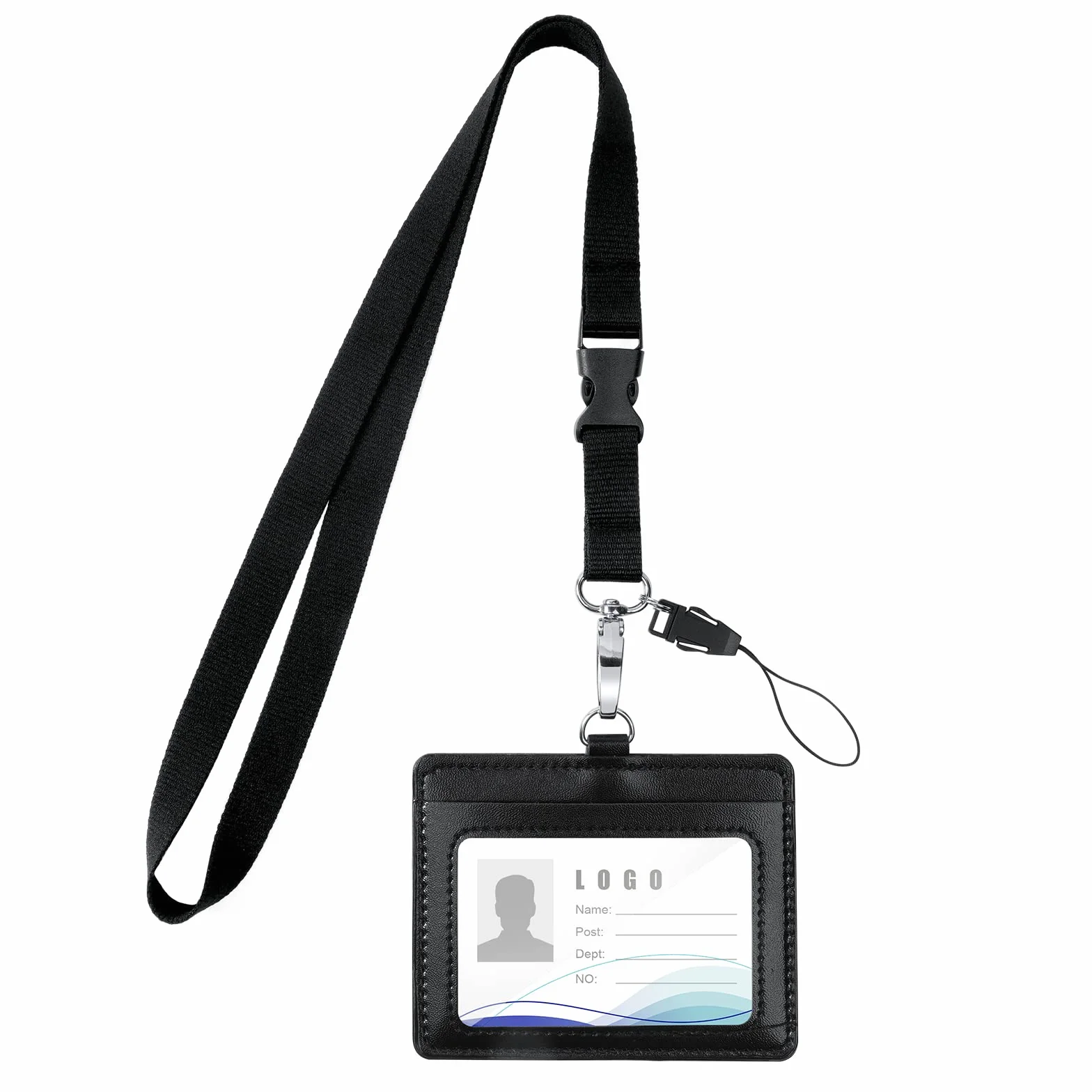 Porta Carte in Pelle PU Portabadge Collo con Slot per Schede Portafoglio Cordino per Ufficio ID Scuola Nero