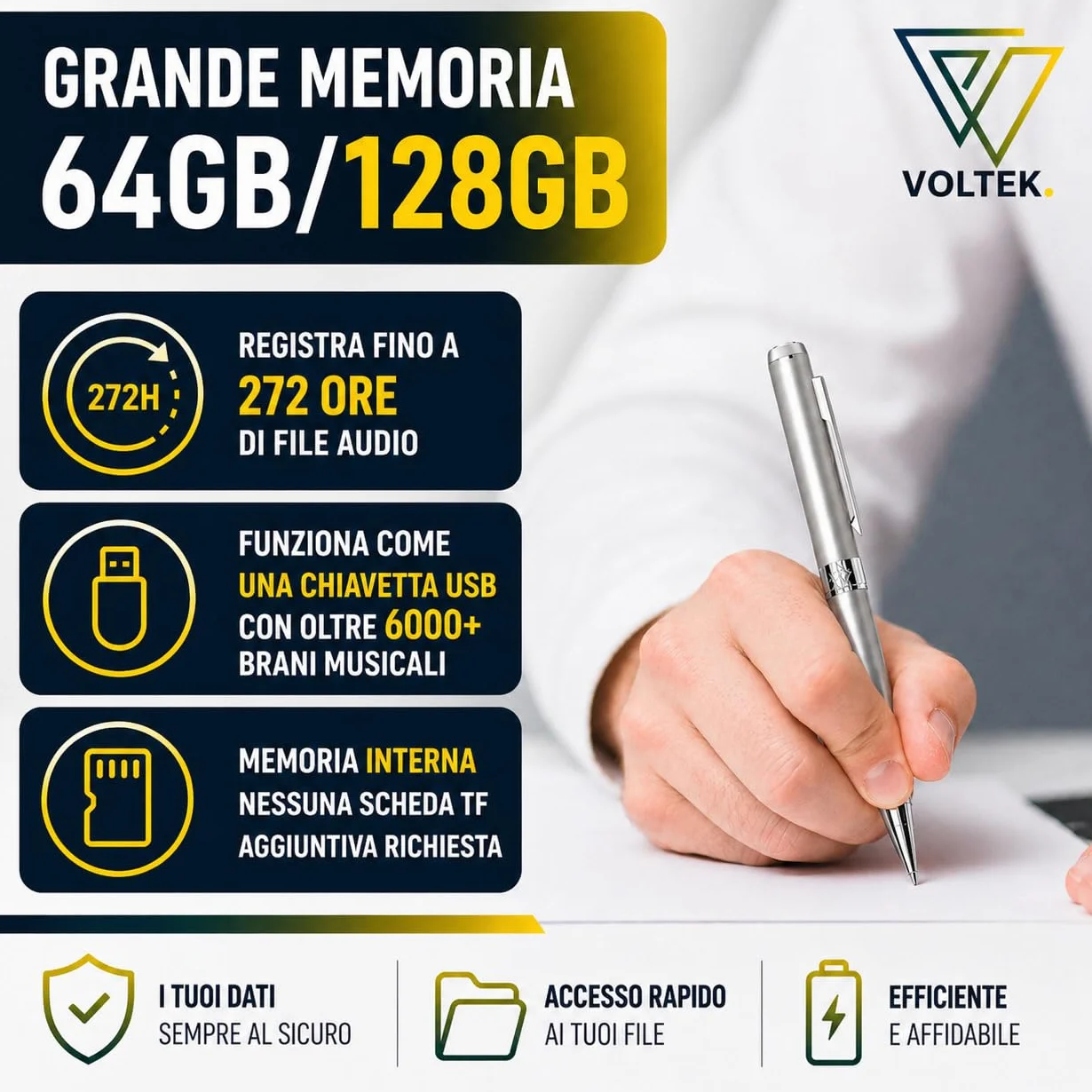 VOLTEK Penna Spia Registratore Audio - Cattura la Voce con Il detettore dittafoni Vocale. Mini registratore di ascolto remoto con memoria da 64 GB – E-Book gratuito incluso