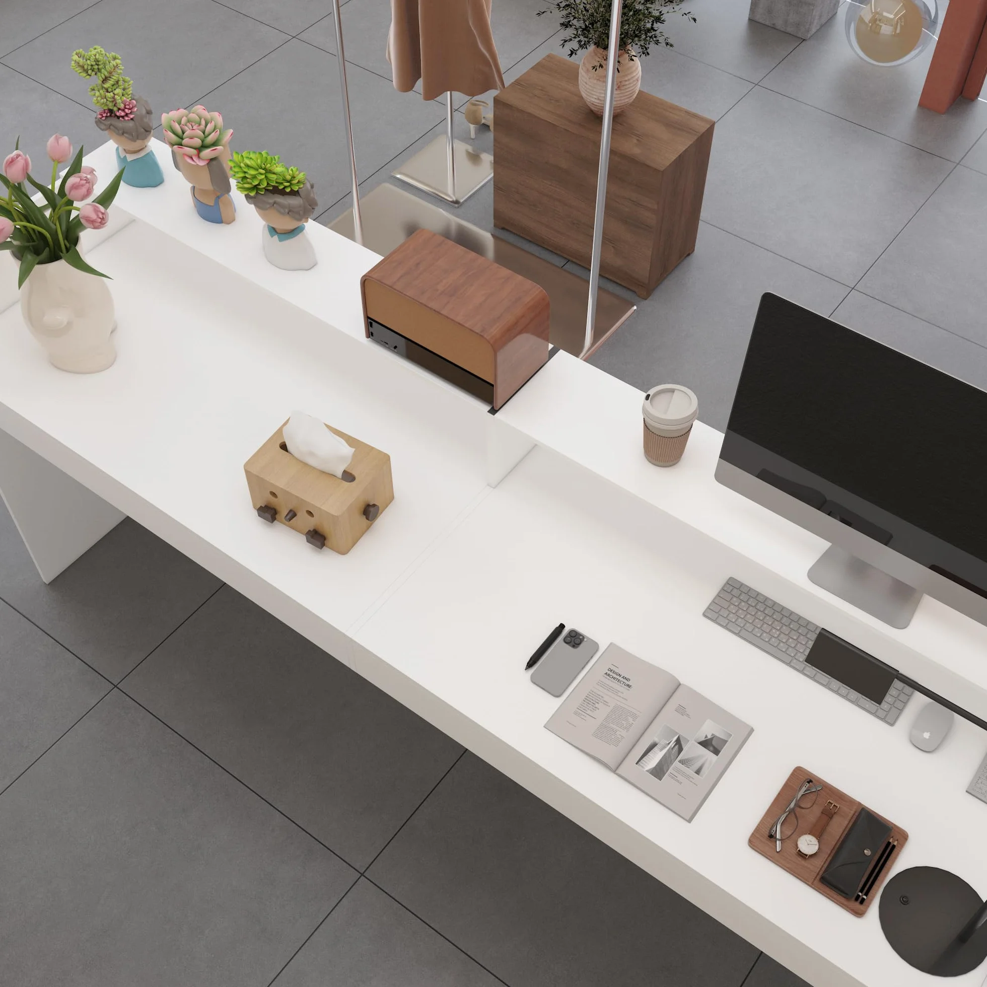 Banco di Ricevimento Con Grande Superficie di Lavoro, Bancone Della Reception, Tavolo da Ufficio Con Protezione per la Privacy, Bianco, 220 x 60 x 100 cm