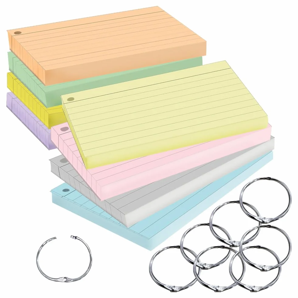 PRICARO Cartoncini a righe formato A7 forati con anelli in metallo 8 colori 400 pezzi