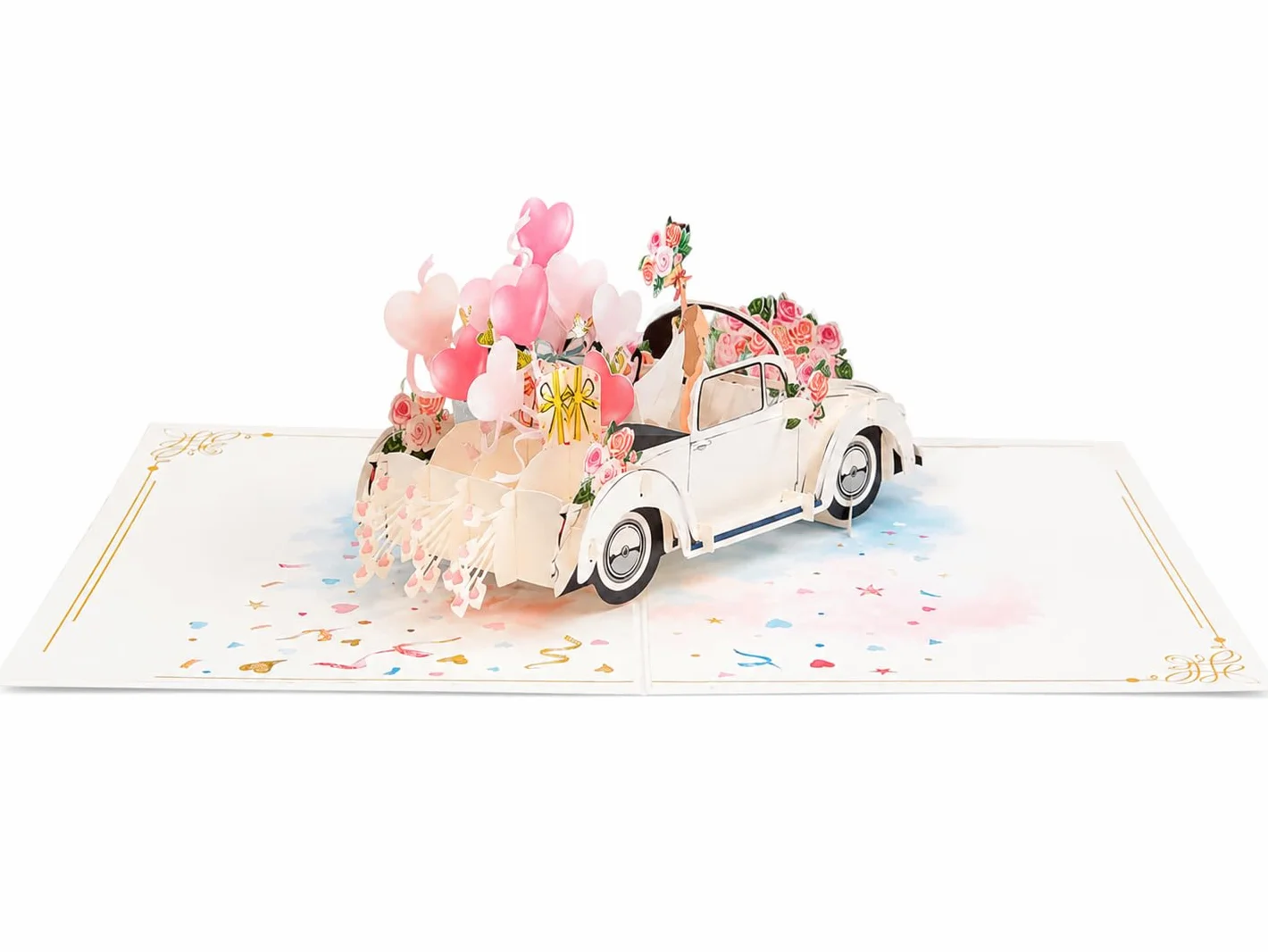 Biglietto di auguri pop-up 3D per matrimonio – Auto con sposi e palloncini – 13 x 18 cm con busta