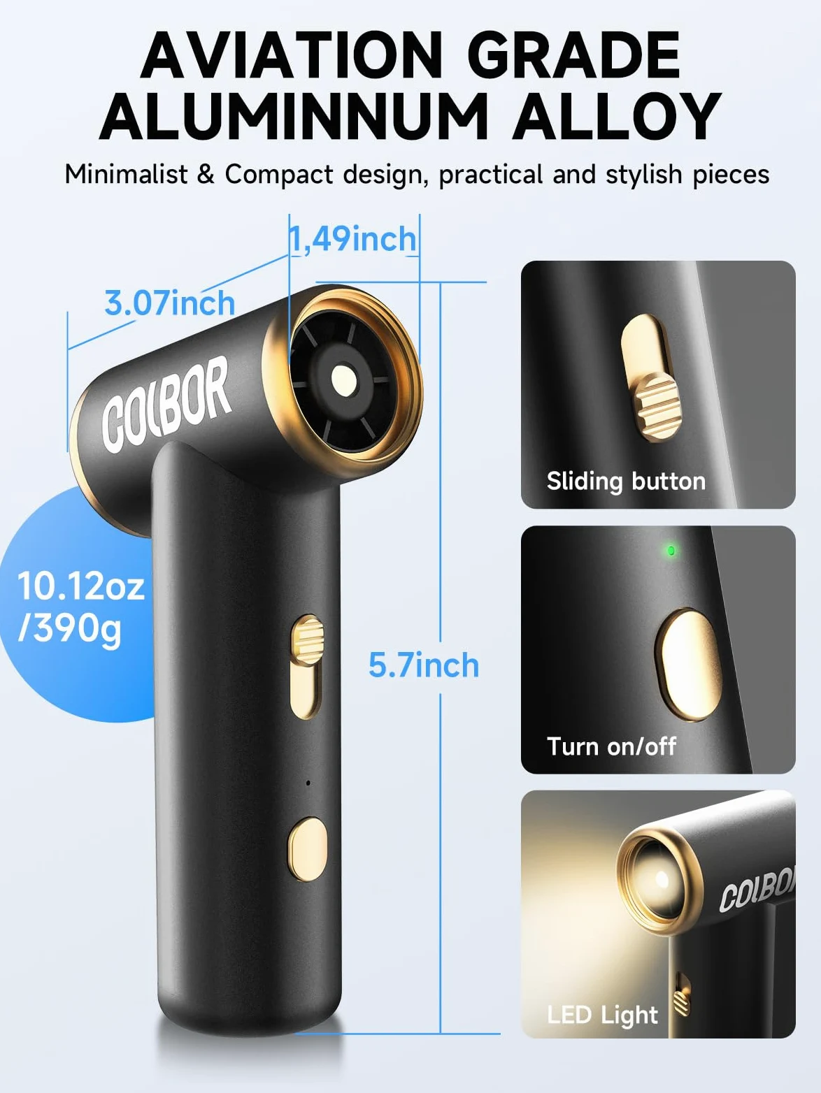 Colbor AirMaxx A1 - Soffiatore d'aria elettrico, 10000 giri/min, senza fili, con luce LED e ugello, pulitore ad aria compressa ricaricabile, per tastiera PC, spolverino ad aria compressa