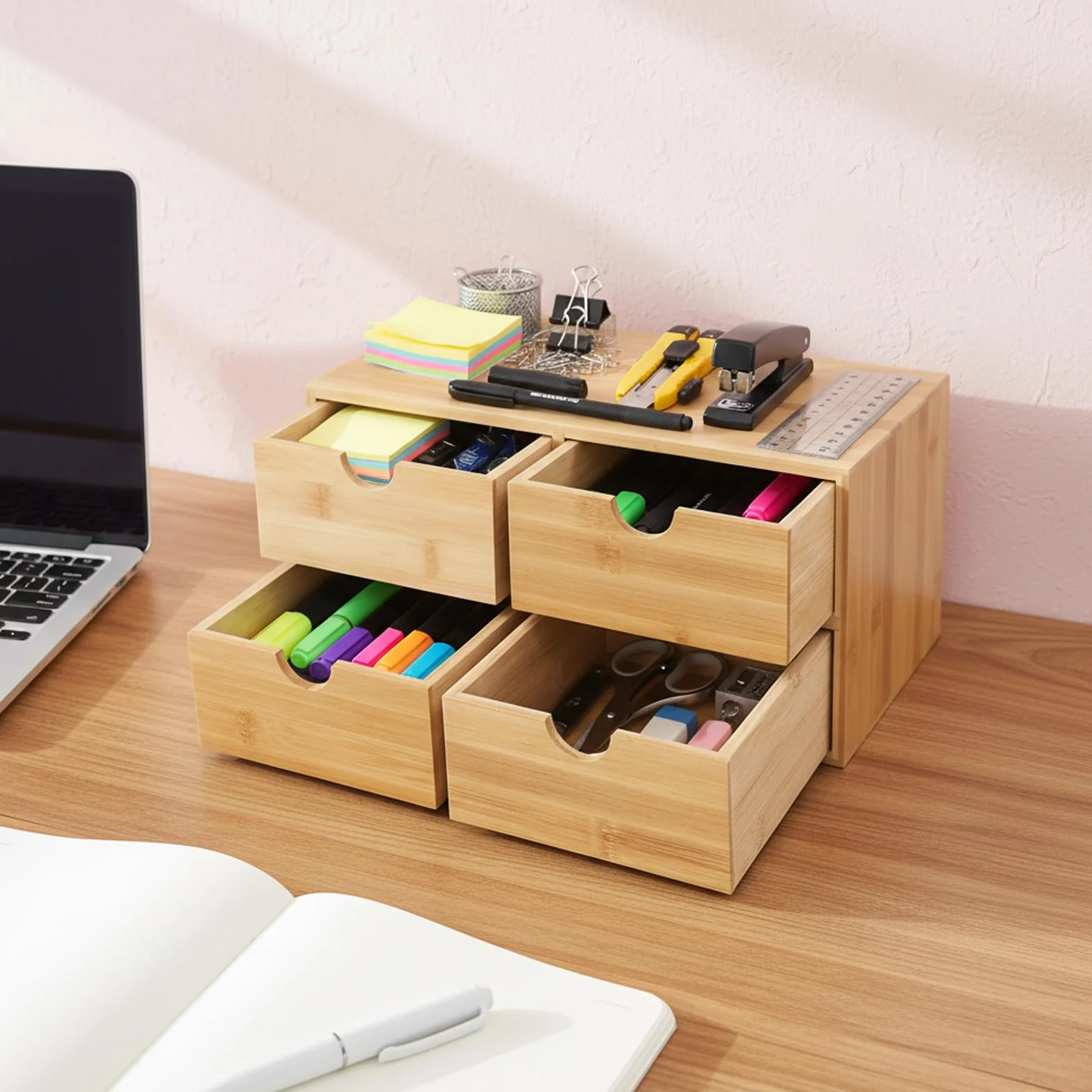 Scatola portaoggetti in legno con 4 scomparti, 33 × 19 × 16 cm, grande organizer da scrivania, adatto per soggiorno, camera da letto, studio, uffici e case per studenti