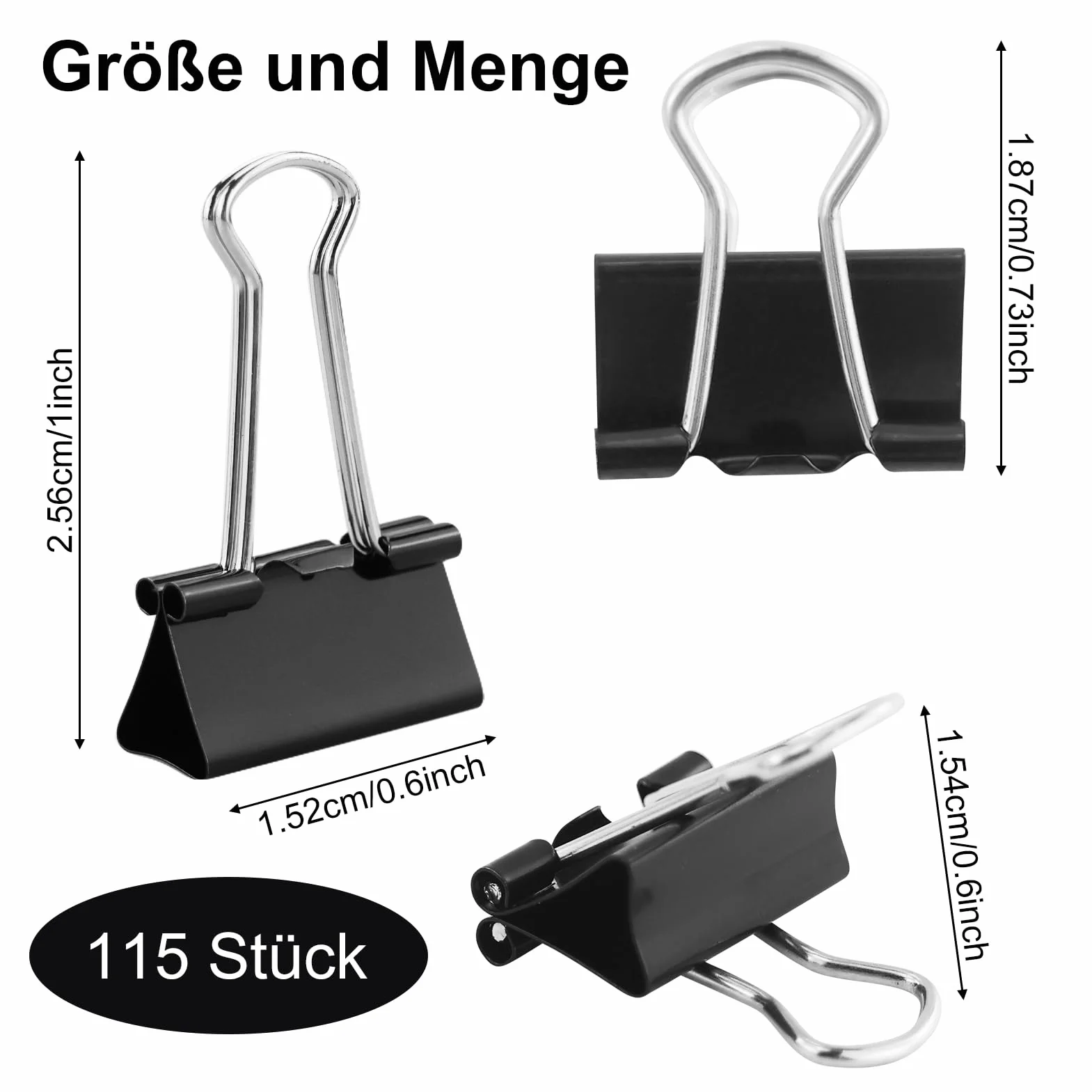 Mollette Pieghevoli Nere Set 115 – 15 mm, Metallo, Multiuso, Binder Clips per Ufficio Scuola Casa