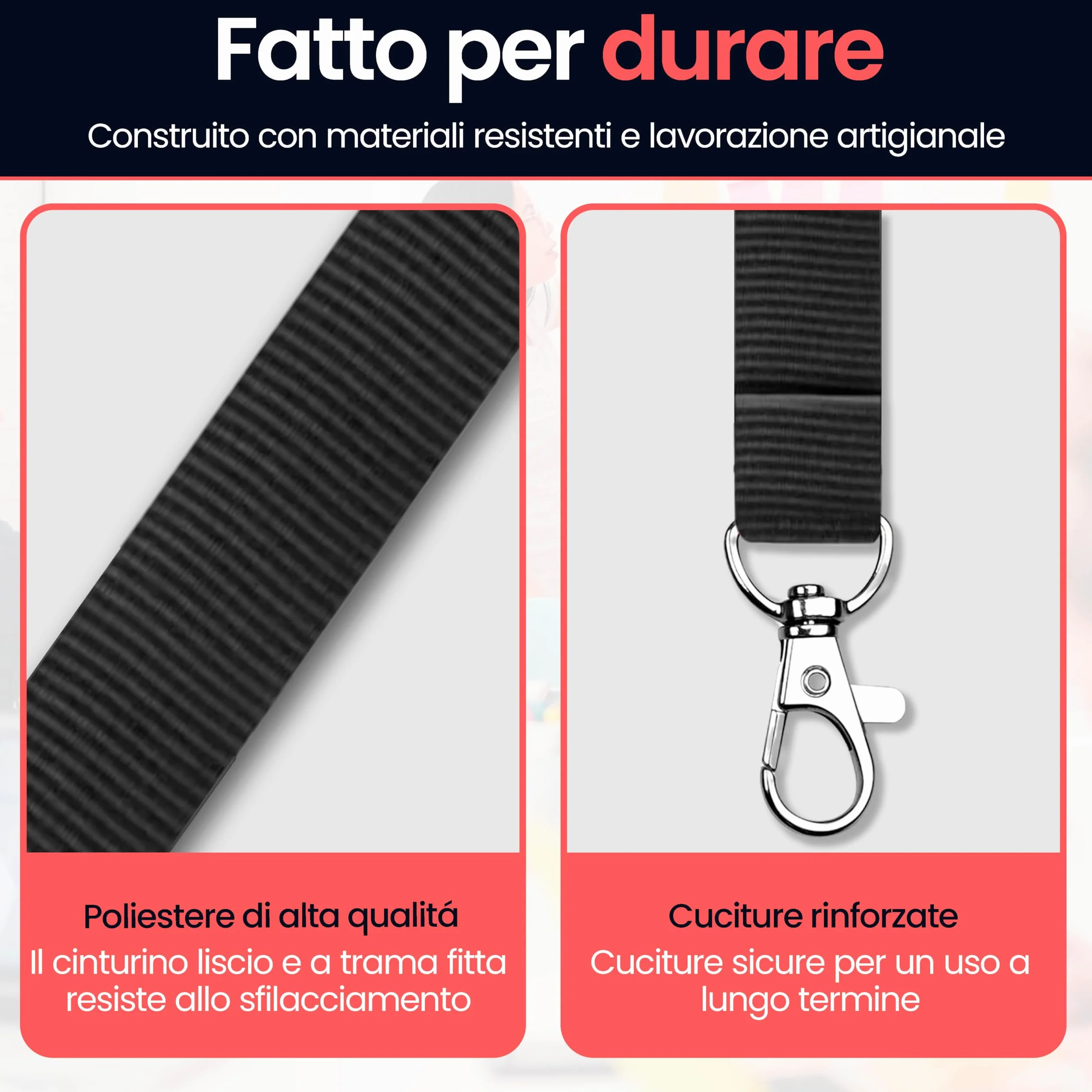 Porta Badge Da Collo Con Gancio In Metallo - Cordino In Poliestere 2cm x 46cm per Tessere, Chiavi, USB