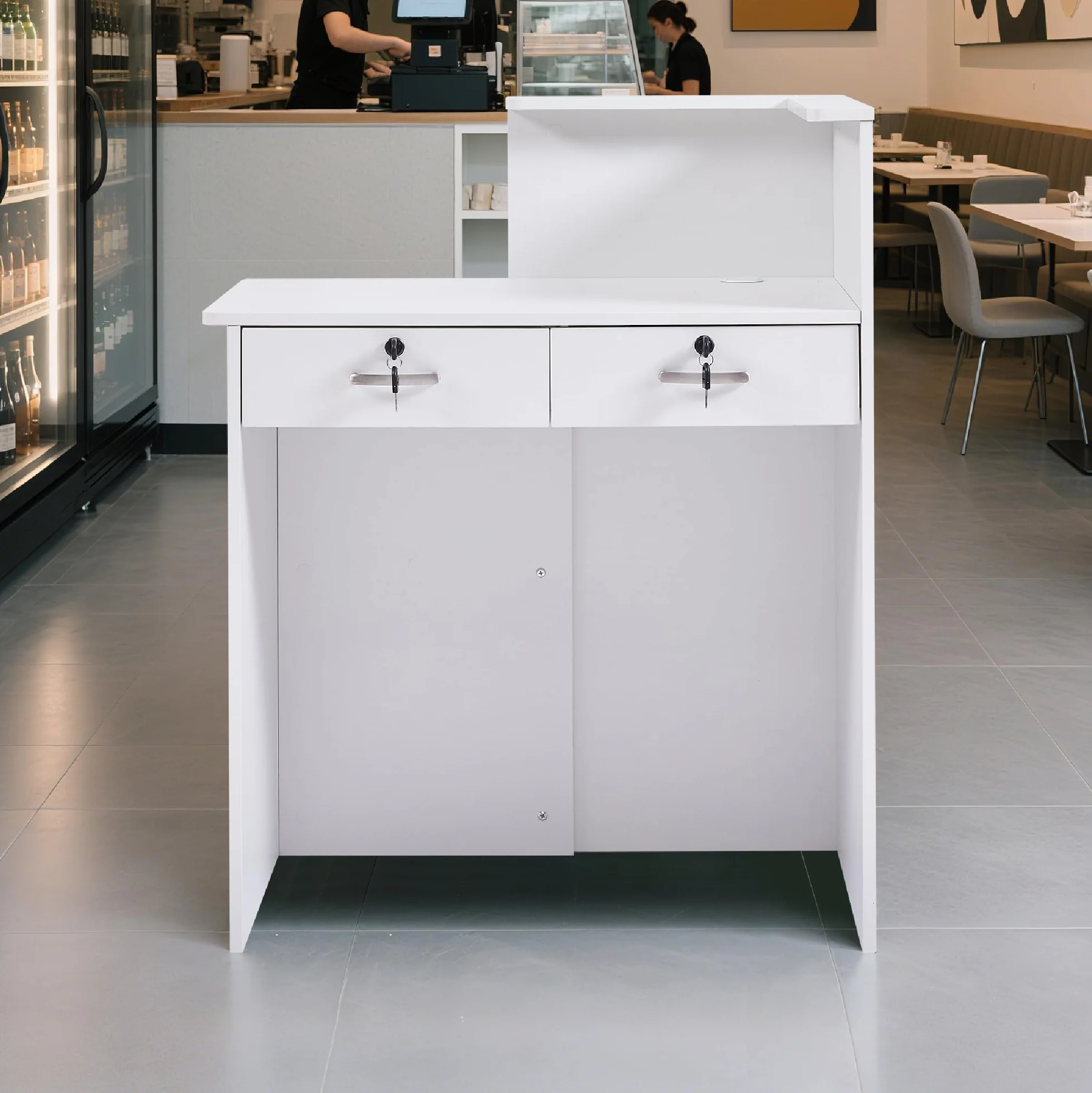 Bancone Reception Piccolo 80 cm Banco Reception in Legno Moderno con Cassetti a Chiave e Ripiani, Scrivania Cassa Compatta Bianco o Nero per Centro Estetico, Parrucchiere, Salone e Negozio
