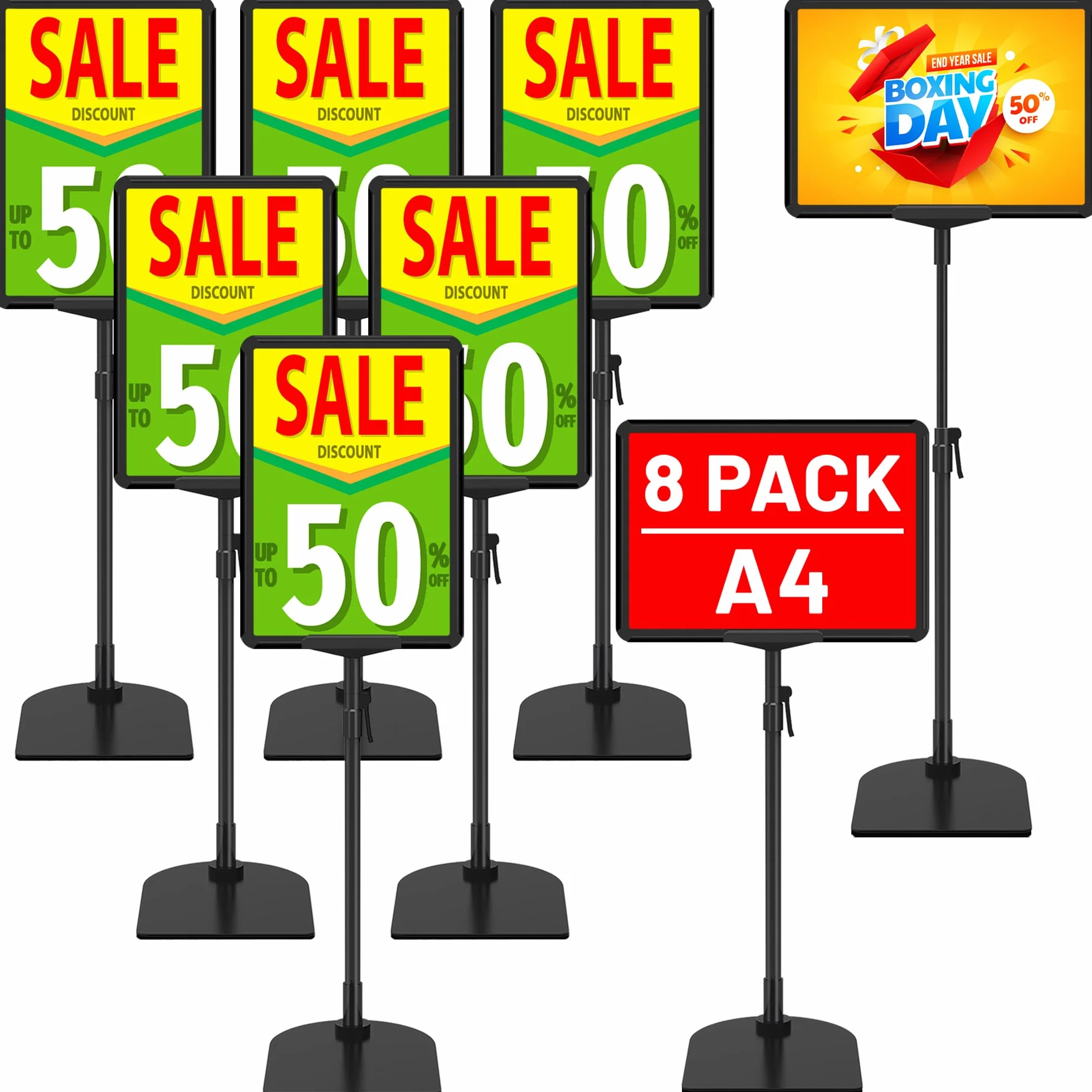 Confezione da 8 Supporti per Cartelli per Esposizione A4, Supporto Regolabile per Poster da Tavolo e Pavimento, Supporto per Cartelli da Pavimento, Supporti per Segnaletica in Metallo per