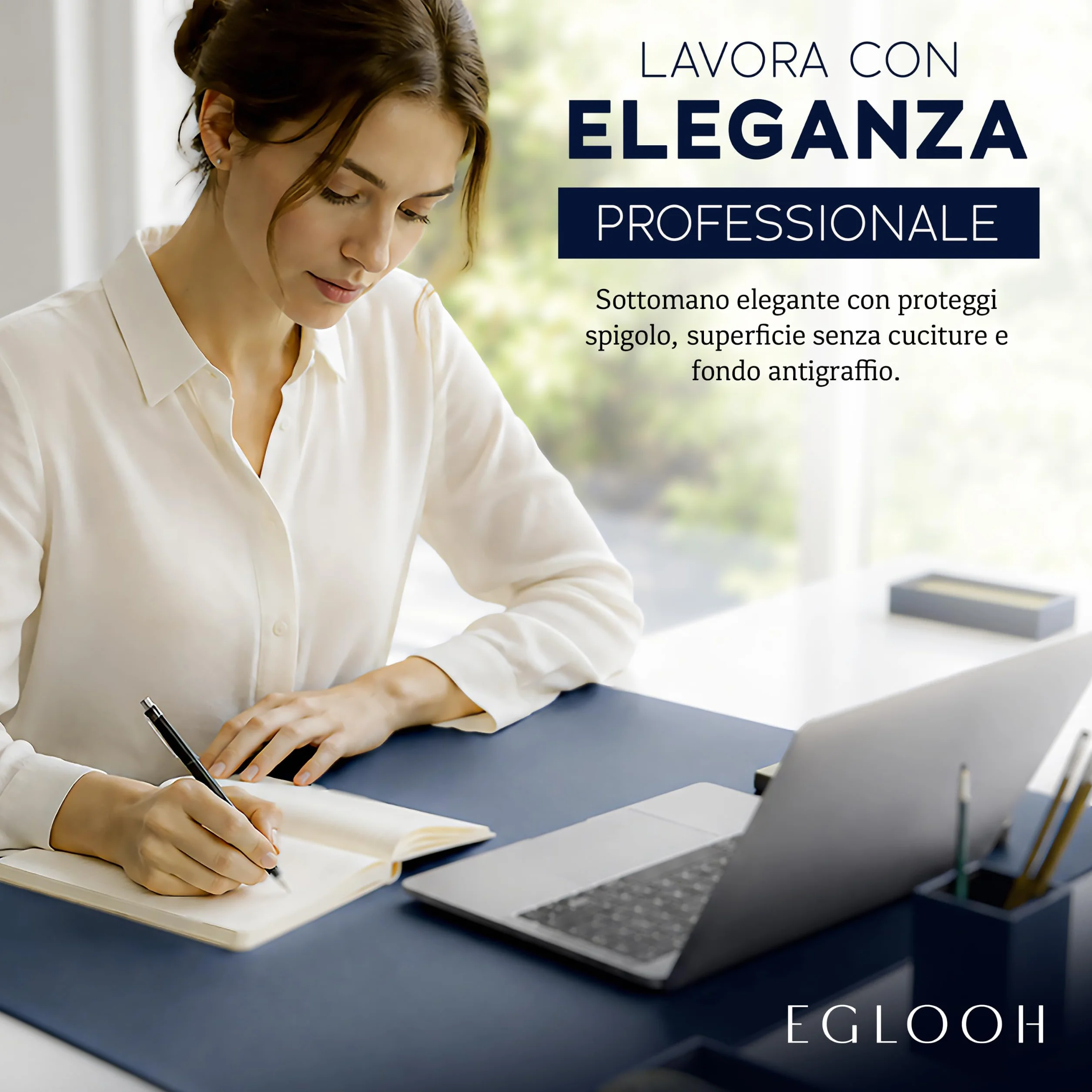 Eglooh – Adamantis – Sottomano Scrivania Pelle Vera con Proteggi Spigolo – Tappetino Scrivania XXL Elegante e Antiscivolo – Accessori Scrivania Ufficio Made in Italy