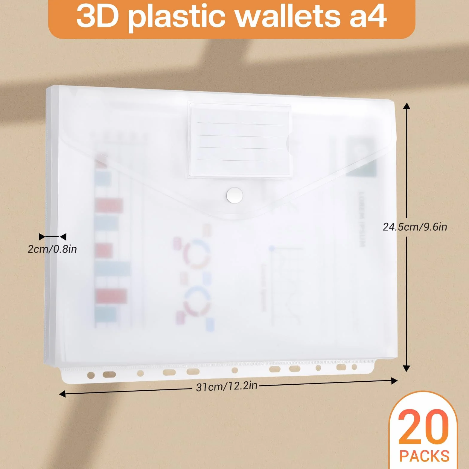 Document Wallet A4 Filing - Confezione da 20 cartelle portadocumenti A4 con 11 fori and Label Pocket - Custodia impermeabile per l'organizzazione dei documenti (tridimensionale)