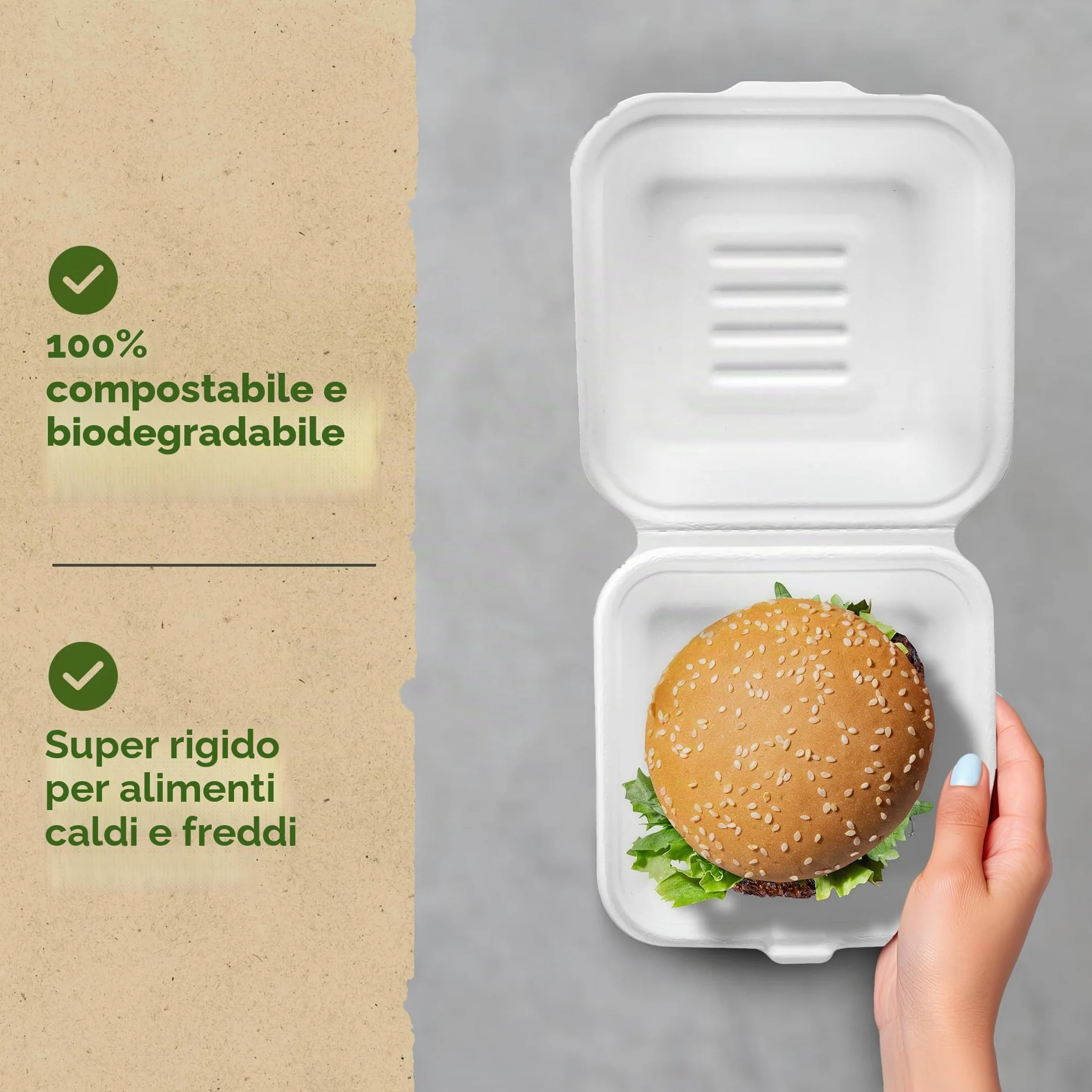 Contenitori per hamburger in bagassa 15,2 cm set da 50 biodegradabili compostabili riciclabili