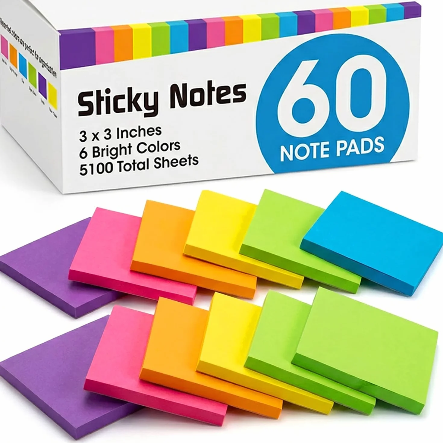Woswel - Foglietti autoadesivi in blocco, 7,6 x 7,6 cm, 60 blocchetti, 85 fogli/blocchetto, 6 foglietti adesivi dai colori vivaci, adesivi riposizionabili per casa, ufficio, scuola