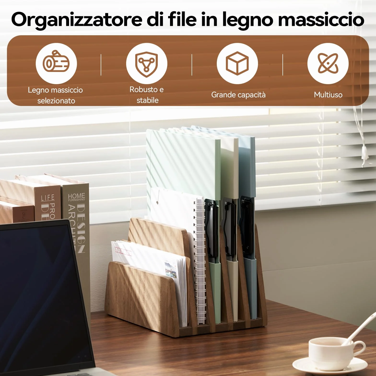 KIRIGEN Organizzatore di posta da scrivania in legno a 5 scomparti Portafogli Portadocumenti da scrivania in legno Organizzatore di documenti e lettere per ufficio giallo-marrone