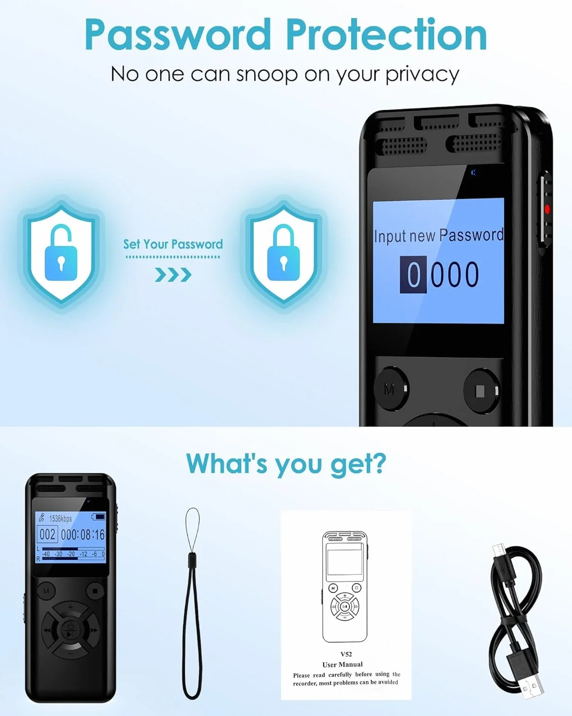 64GB Registratore Vocale Digitale Con Riduzione Rumore, Stereo Hd 1536Kbps, Metallo, Attivazione Vocale, Riproduzione E Password, Dispositivo Per Interviste, Riunioni, Lezioni (64GB)