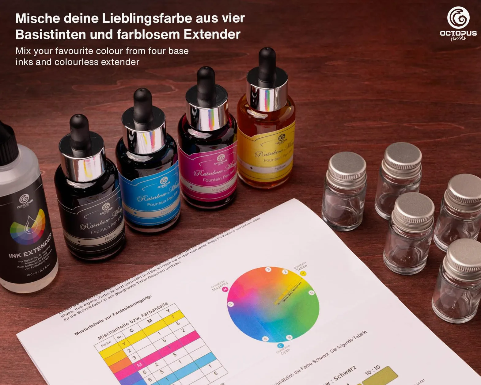 Octopus Fluids RIMIK Rainbow Ink Mixing Kit, miscelazione di inchiostri per penne stilografiche, set di miscelazione di inchiostri, ciano, magenta, giallo, nero e inchiostro da scrittura incolor#
