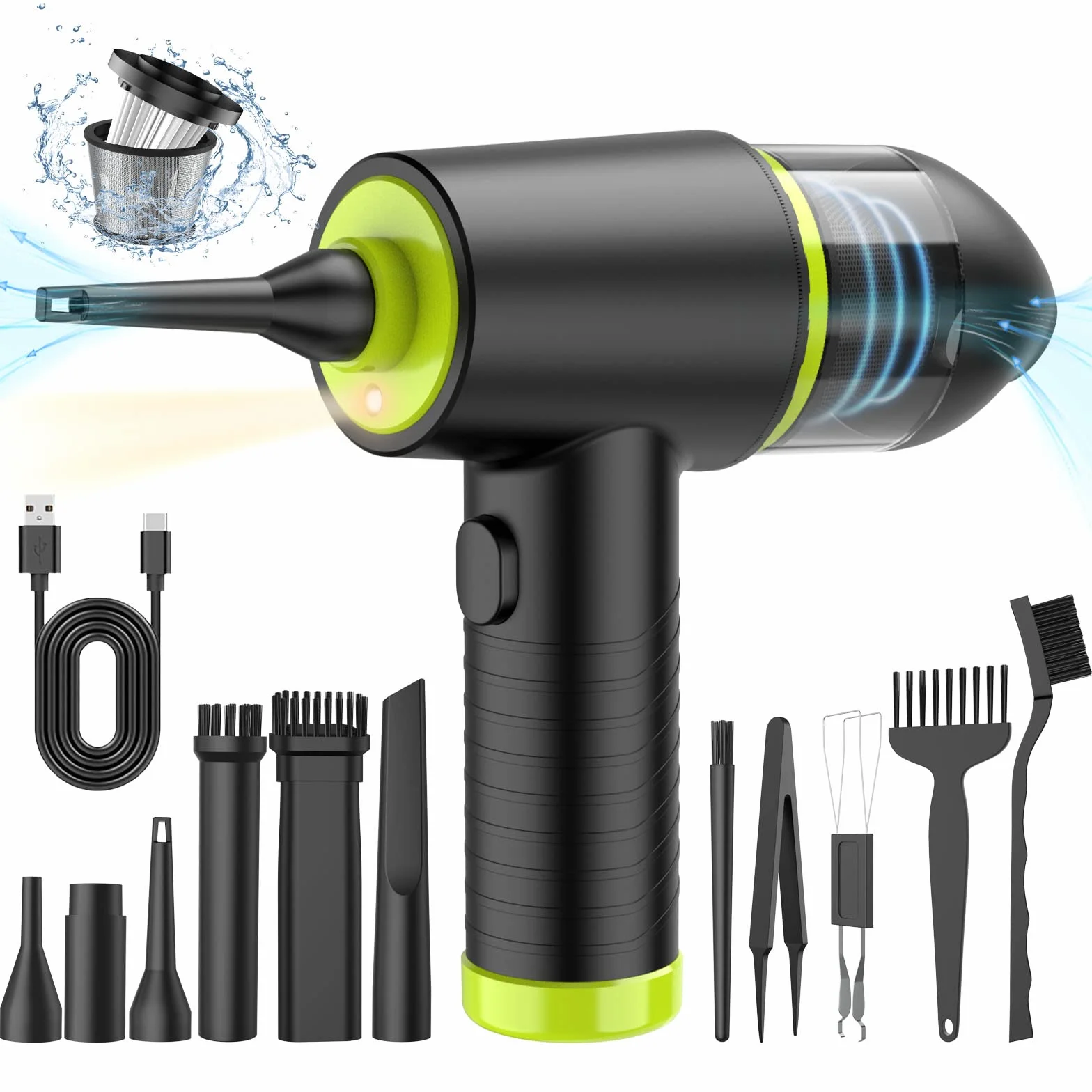 2 in 1 Elettrico Rimuovi Polvere Aria Compressa, 3 Velocità Aria Compressa PC Air Duster Con luce LED, 6000mah Batteria Spolverino Aria Compressa Elettrico per Tastiera, Computer, Auto