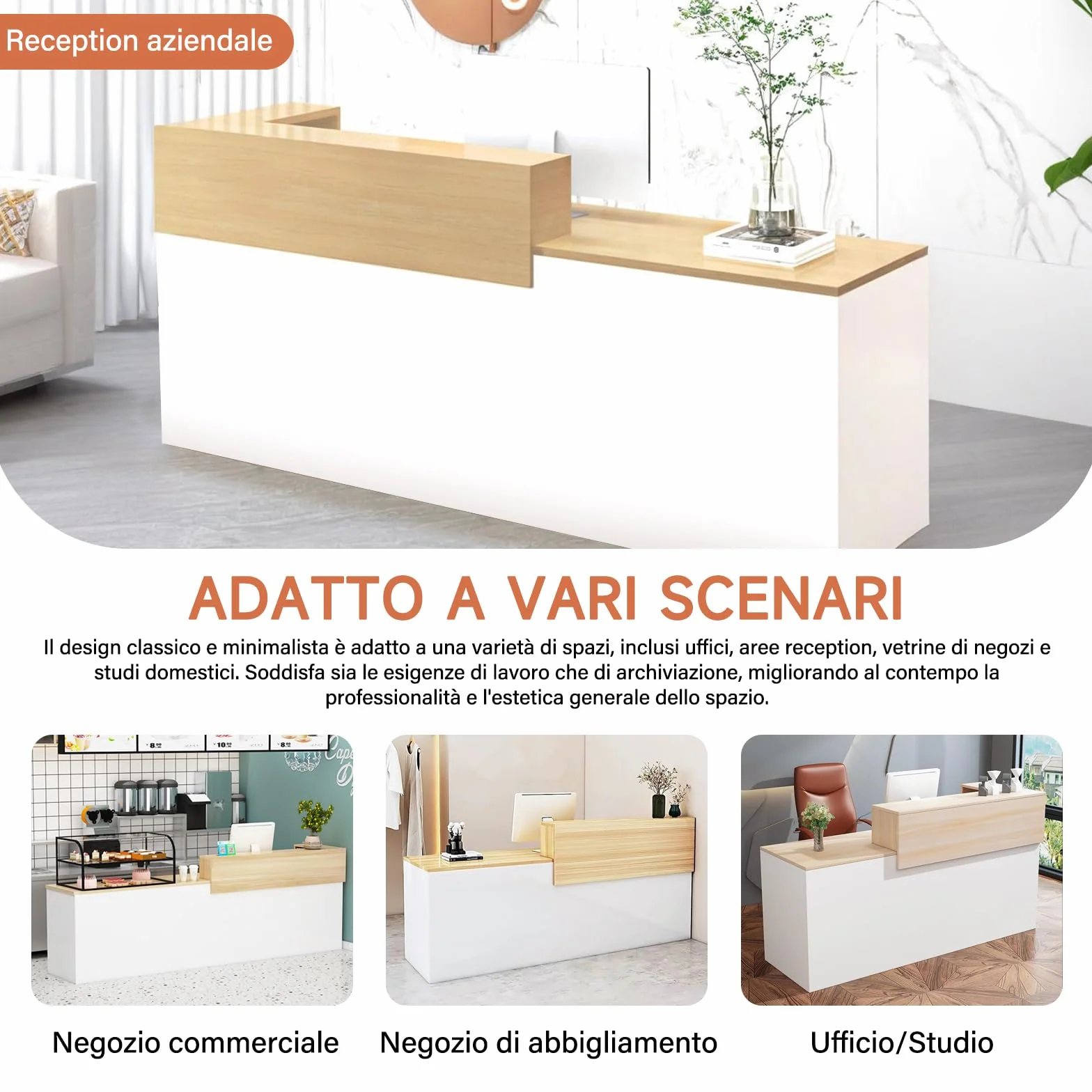 Bancone Reception con Cassetto e Ripiani Aperti, 100–240 cm Banco Reception Moderno per Uffici, adatto per Saloni, Hall e Negozi al Dettaglio