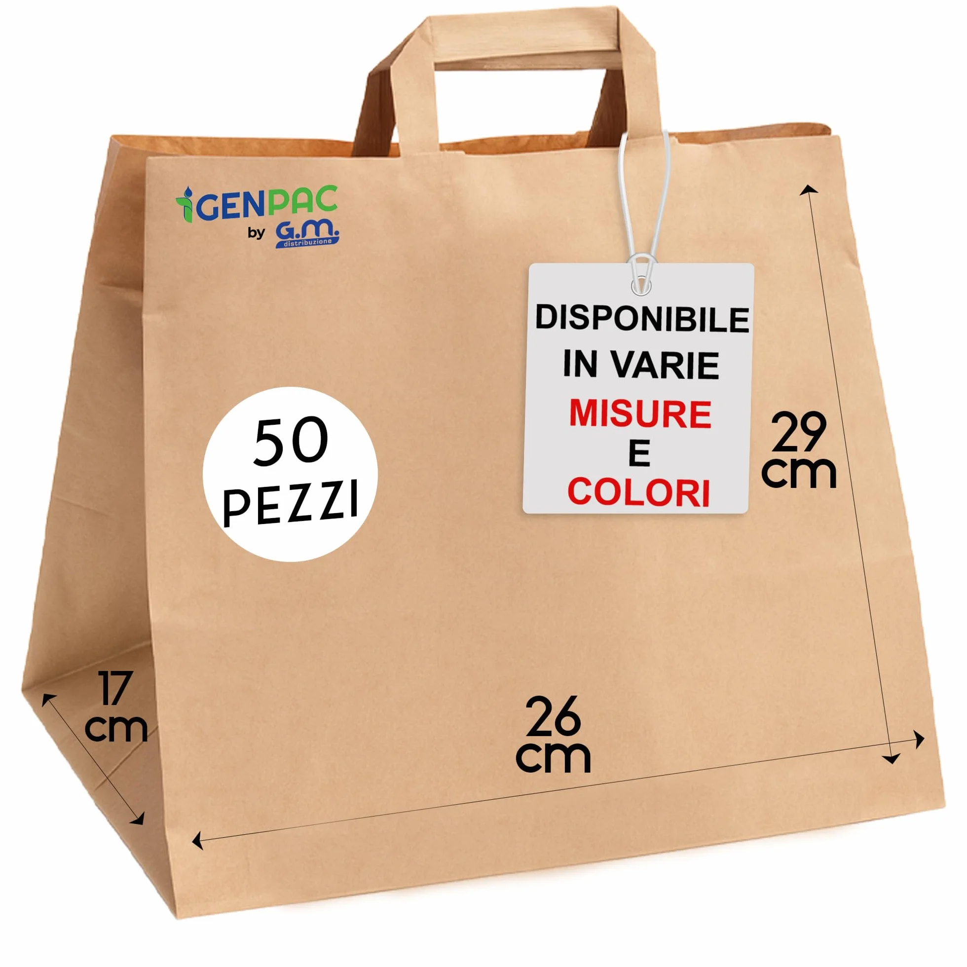 GM 50 Shopper Asporto in Carta 26+17x29h cm Avana Borse con Base Larga e Manici per Cibo Bevande Take Away