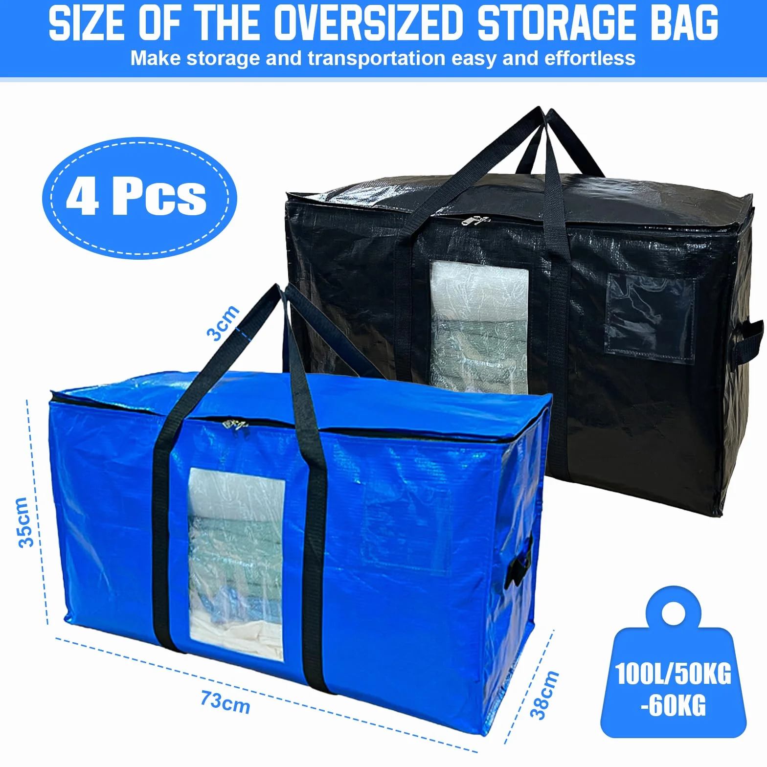 Borse da Trasloco Grandi 100 L con Manici e Cerniere, Borsa Portaoggetti Trasparente per Vestiti Coperte (Nero, Blu)