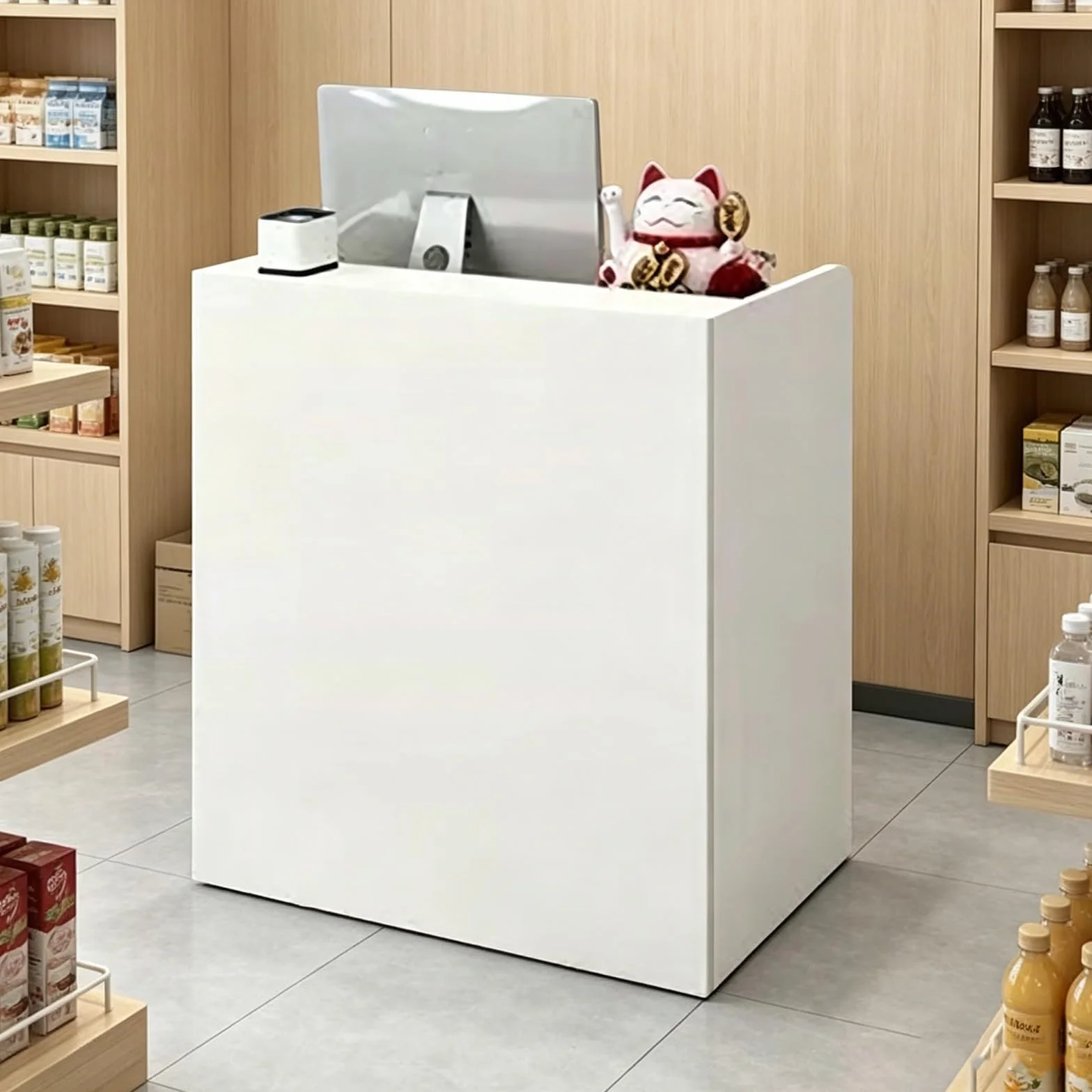 Piccolo banco reception, tavolo reception moderno, con cassetto chiudibile a chiave e armadio con anta, for salone, negozio, hotel, ufficio(White,60cm)