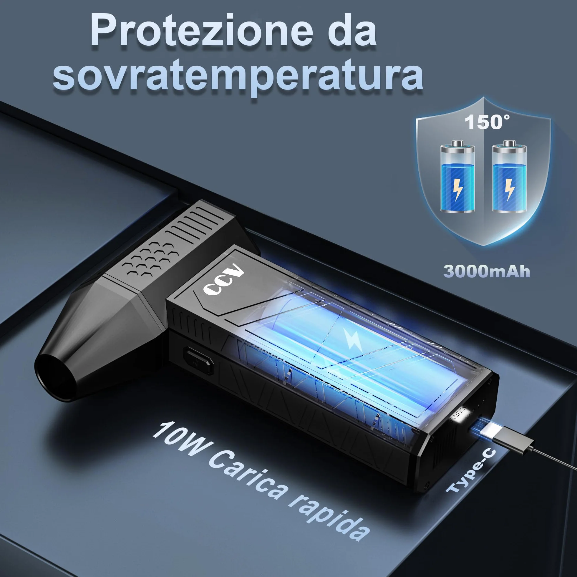CCV Soffiatore Aria Compressa - 150000RPM Spolverino ad aria compressa la pulizia di tastiera e PC 3 ingranaggi regolabile Cordless Jet Dry Blower soffiatore d'aria per auto e casa (ferroso)