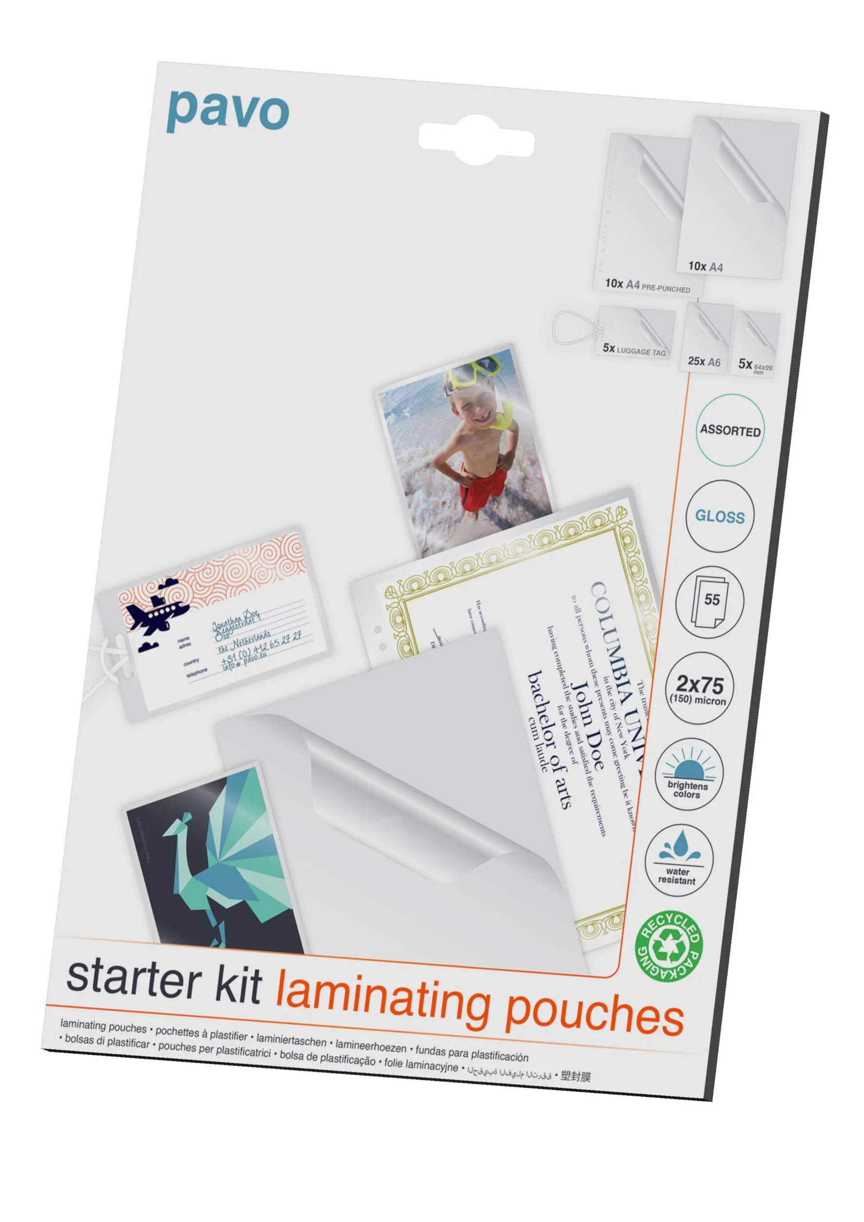 Pouches per plastificazione 55 pezzi, 75 micron, lucida, kit iniziale