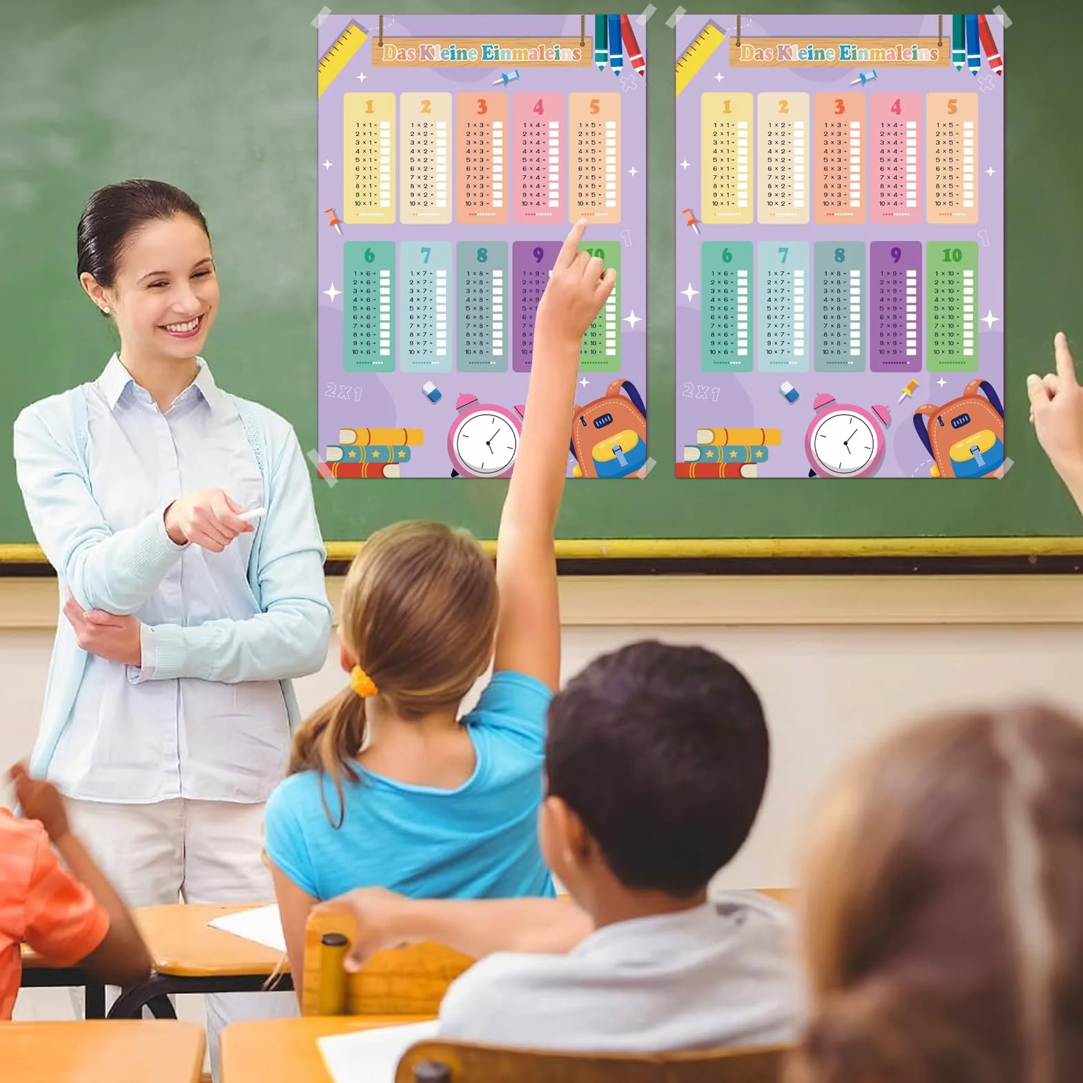 Poster didattico 1x1 per bambini con tabelline, 4 fogli di esercizi