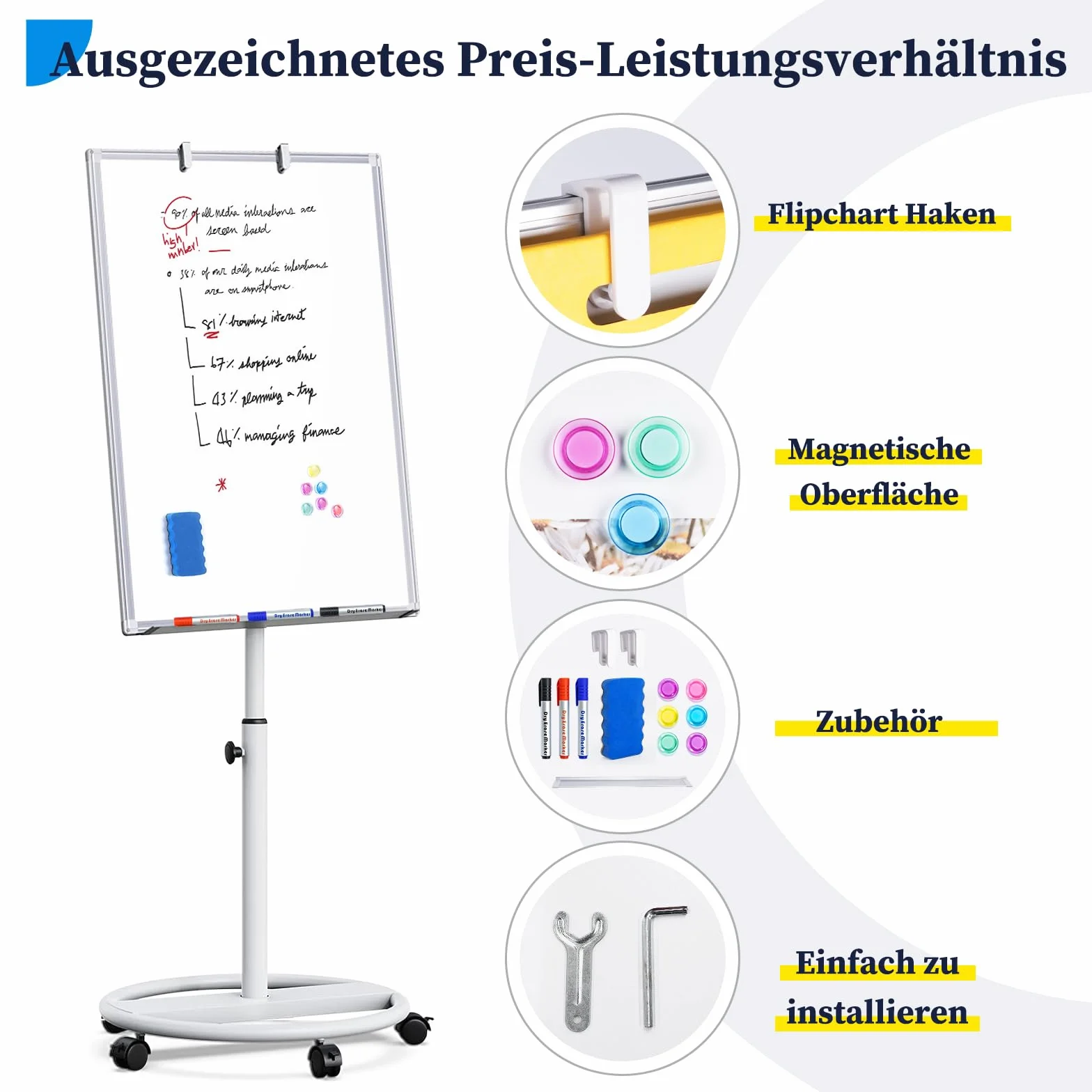 maxtek Lavagna Bianca Mobile 90 x 60 cm, Lavagna Magnetica Cancellabile a Secco, Altezza Regolabile con Cavalletto e Ganci Argento