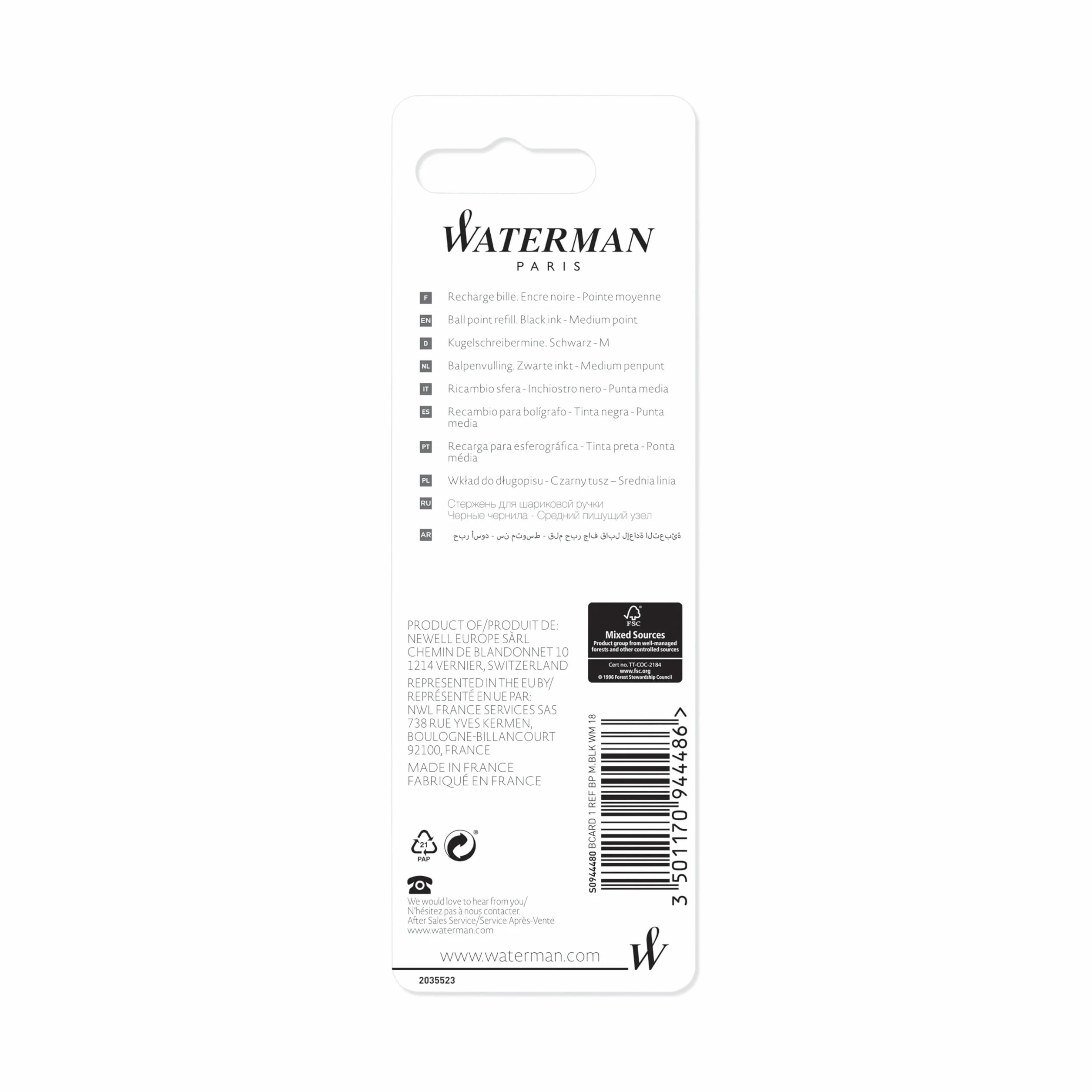 Waterman ricarica penna a sfera punta media inchiostro nero 1 pezzo