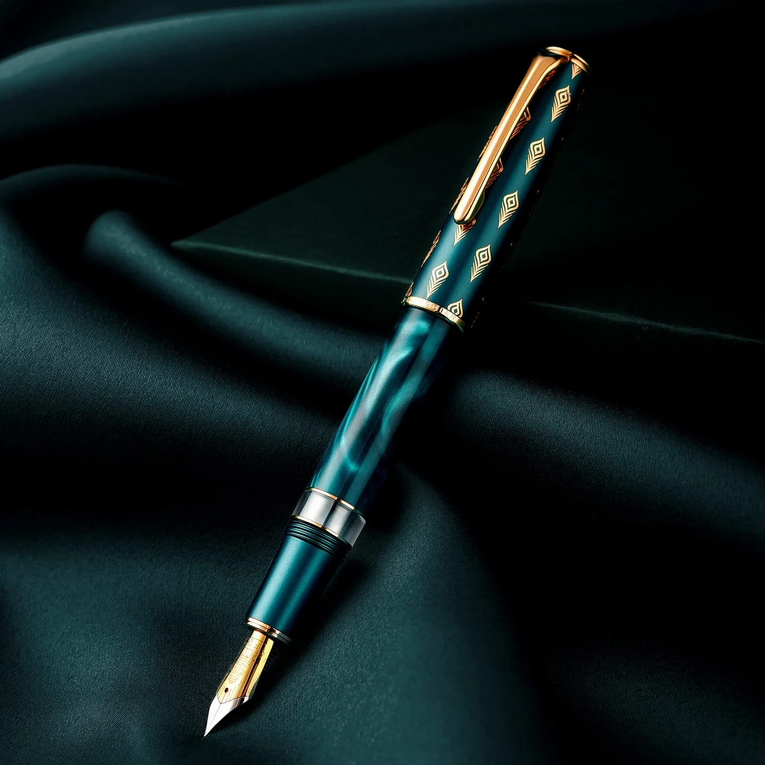 Hongdian N7, Penna stilografica a stantuffo in resina blu pavone, pennino fine in iridio, penna classica, scrittura liscia, con scatola in metallo