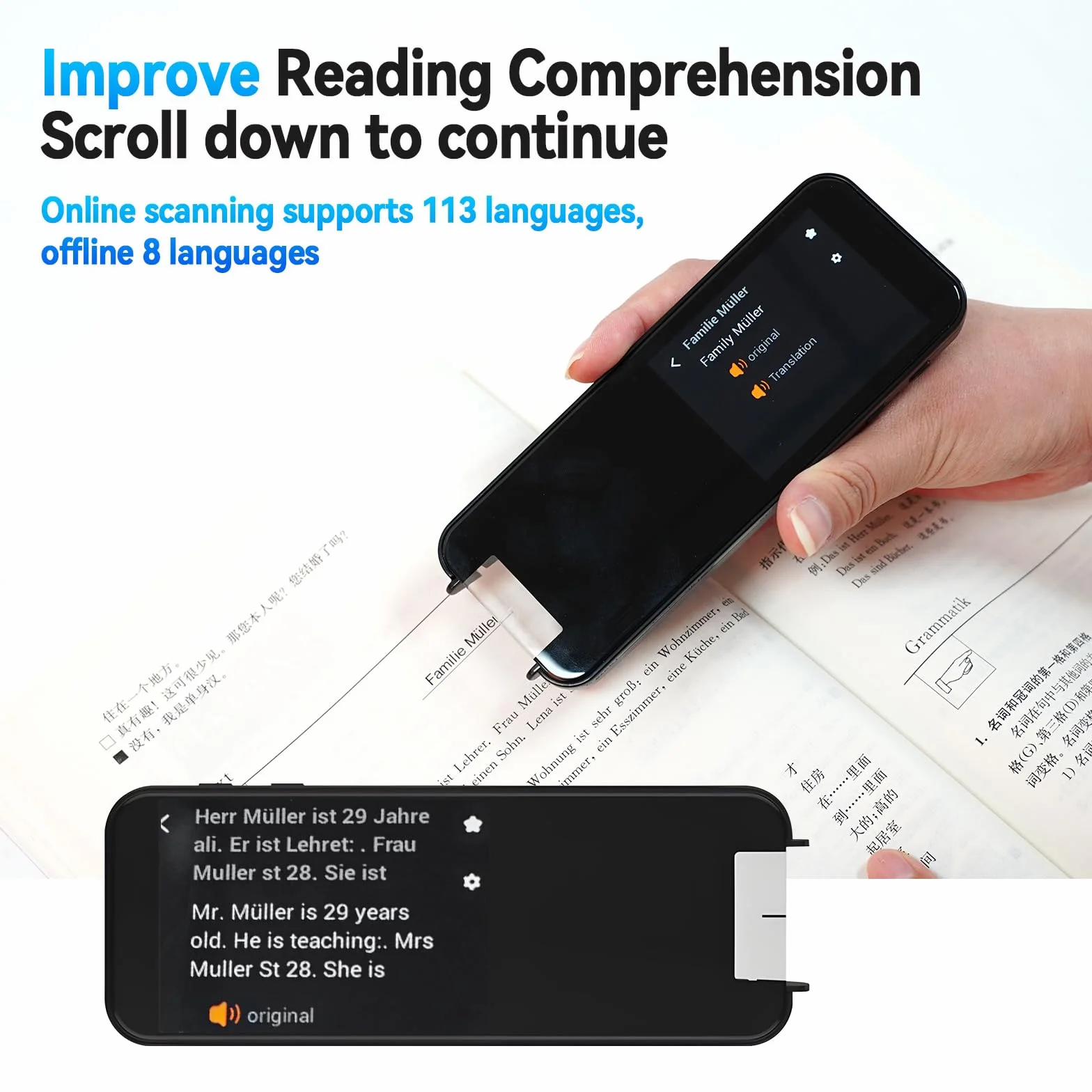 Scan Reader Pen 113 Dispositivo traduttore di Lingue per dislessia, Anziani, Bambini, Studenti, scansione Offline in 8 Lingue, traduzione vocale, rta la scansione in Testo e la traduzione di fot
