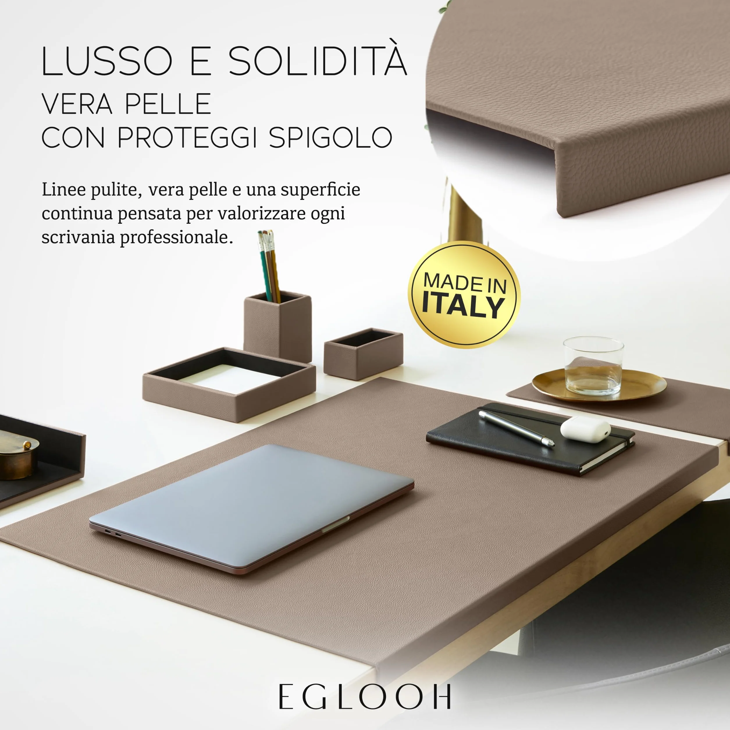 Eglooh - Adamantis - Sottomano Scrivania in Vera Pelle Grigio Talpa cm 70x50 - Design Moderno, Resistente Struttura in Acciaio con Profilo a L, Fondo Antiscivolo - Made in Italy
