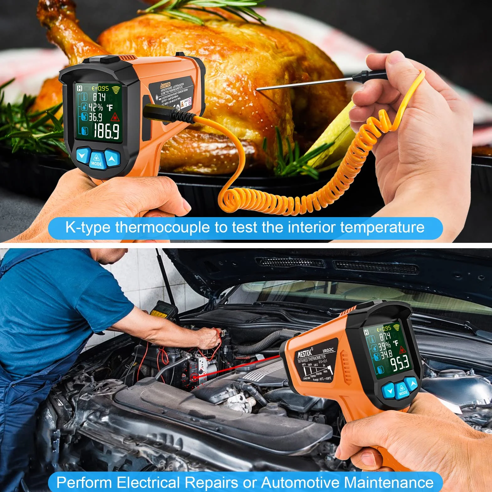 MESTEK Termometro a Infrarossi -50°C~800°C Digitale Laser Pirometro con K-Probe Senza Contatto LCD a Colori