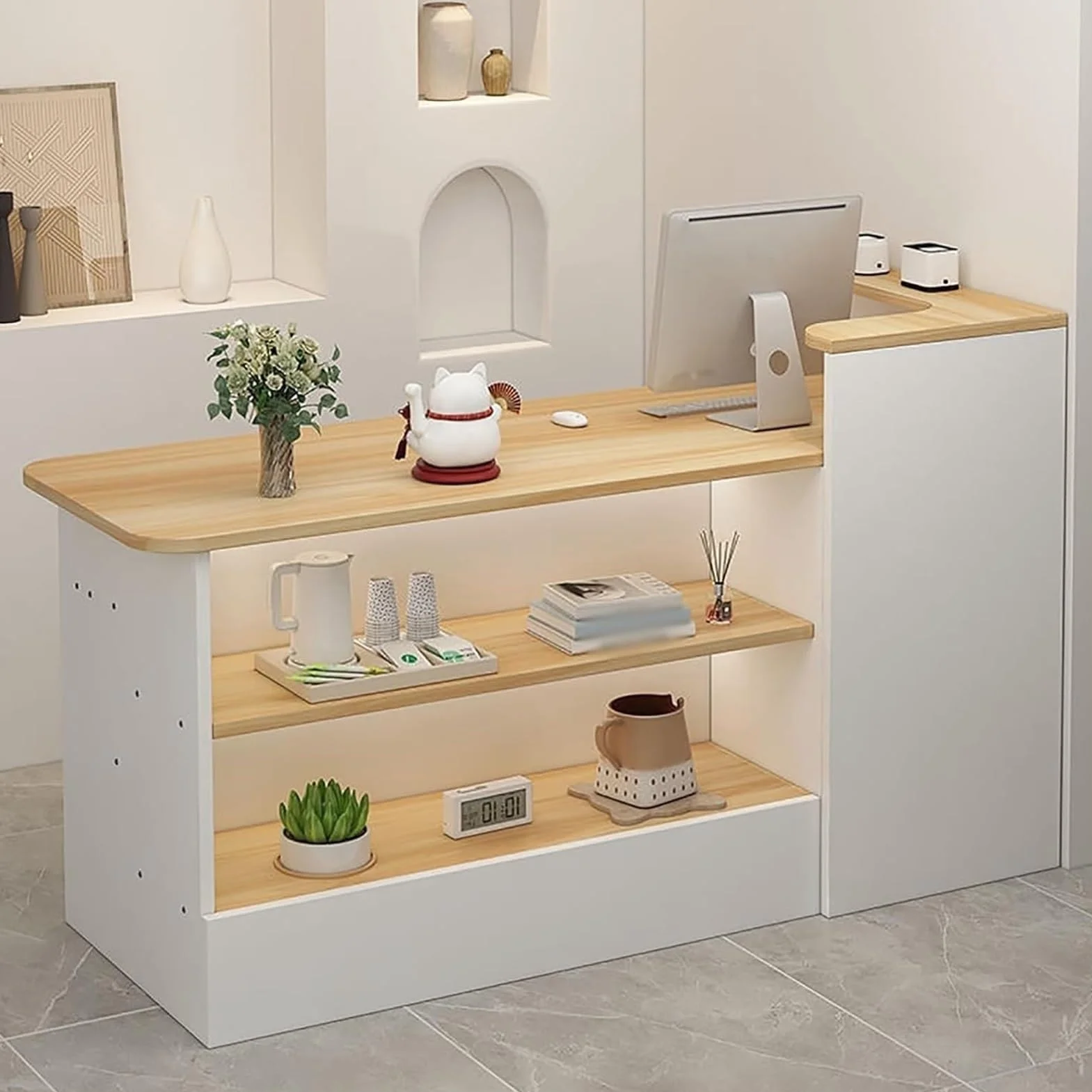 Banco Reception Banco Reception Curvo Alto Ufficio, Banconi Reception Forma L Estetica, Bancone Cassa per Negozio Angolare con Cassetto e Armadio(Walnut/Right,140x100x45cm)