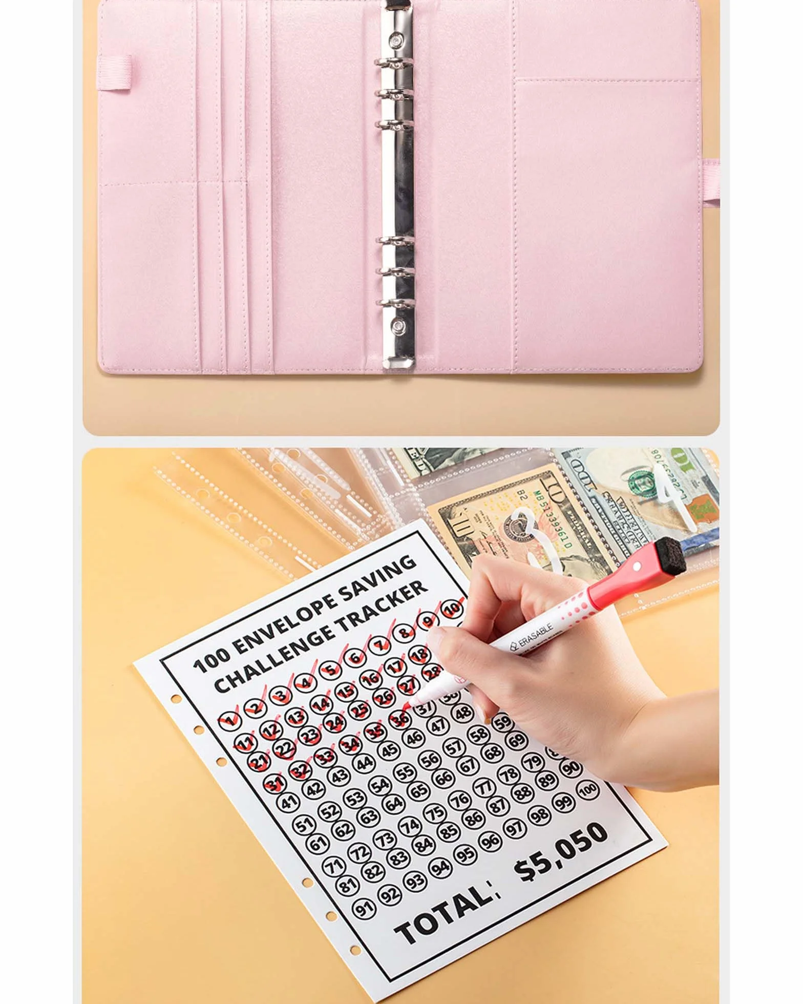 JEJA Budget Planner 5,050 euro Fogli di Bilancio Etichette Adesive Penne Cancellabili Rosa