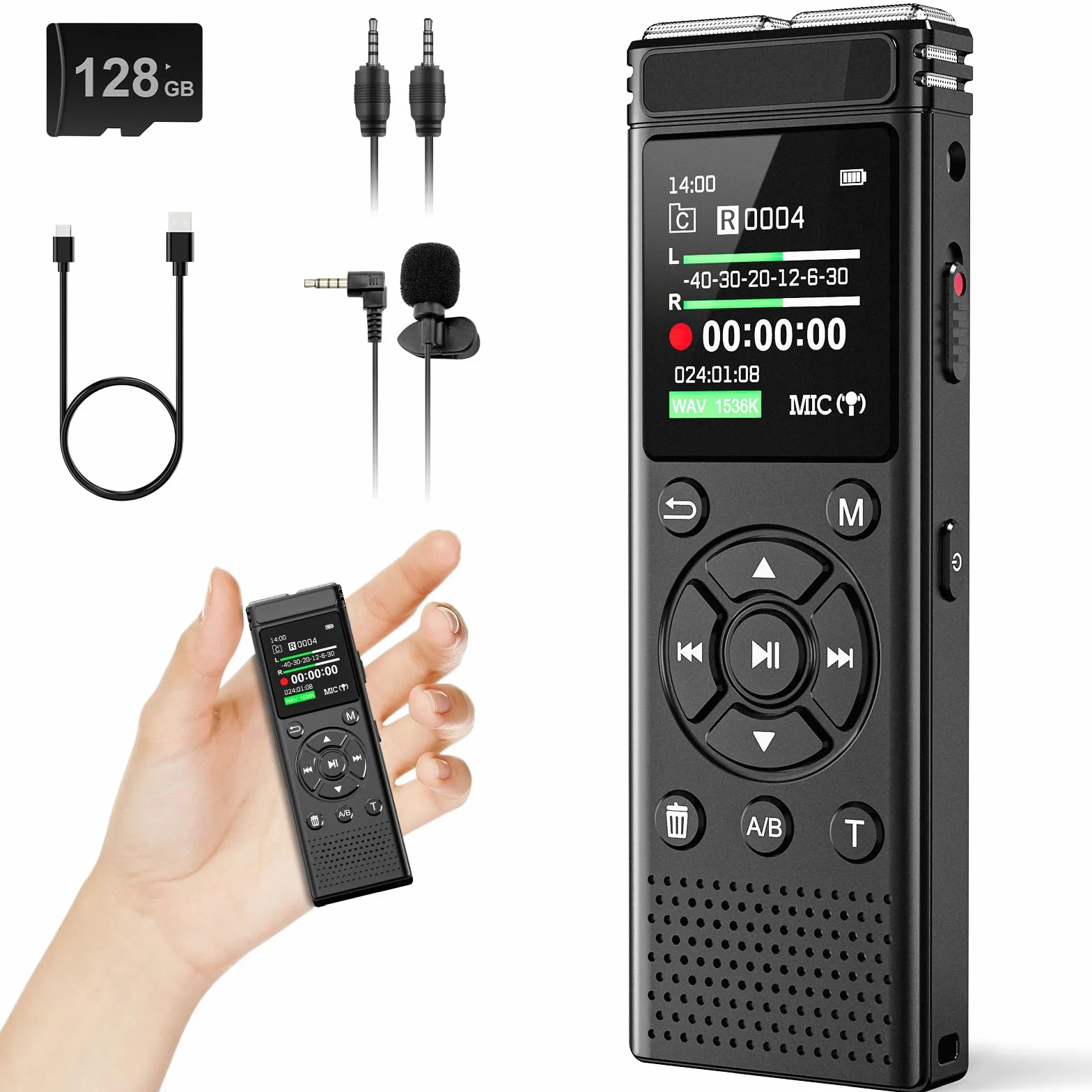 Tonfarb Registratore vocale digitale da 136 GB con riproduzione, dispositivo di registrazione audio 9000 ore, registratore vocale attivato con riduzione del rumore, ripetizione A-B, lettore MP3