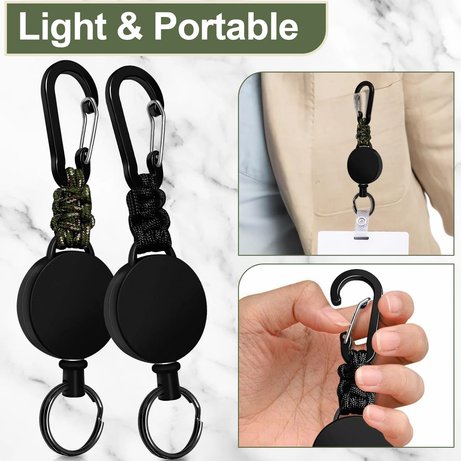 Porta Badge Retrattile Portachiavi Allungabile 60cm Filo Acciaio 2 Pezzi Nero+Verde