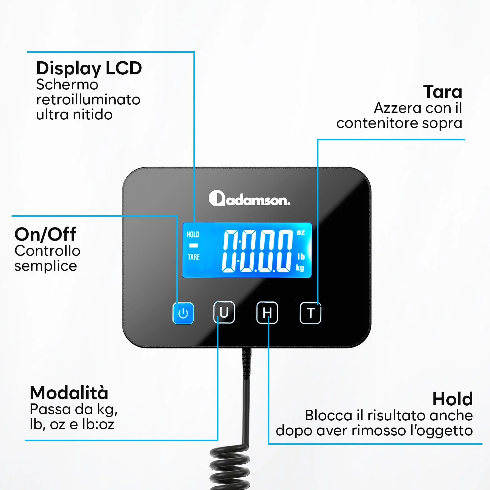 Bilancia Professionale 200 kg/10 g Alta Precisione con Funzione Hold/Tara per Pacchi Bagagli Uso Industriale Nero Opaco
