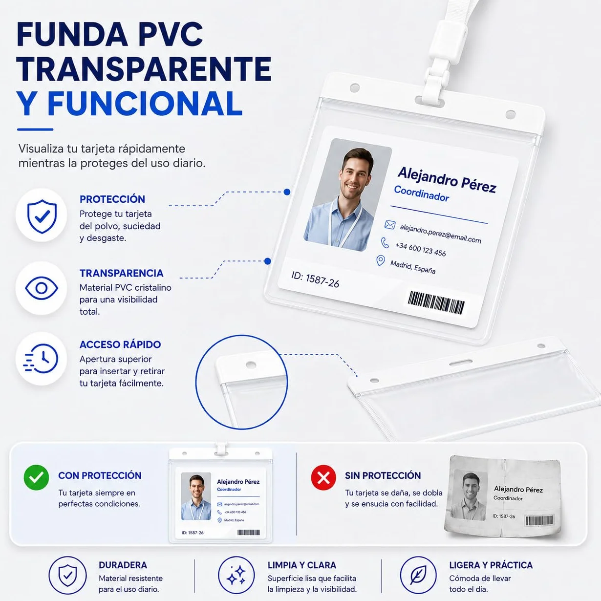 Confezione da 100 porta badge identificativi con cordino bianco e custodia trasparente da 110 x 80 mm, porta badge da appendere per credenziali, ufficio, eventi e accreditamenti (confezione da 100)