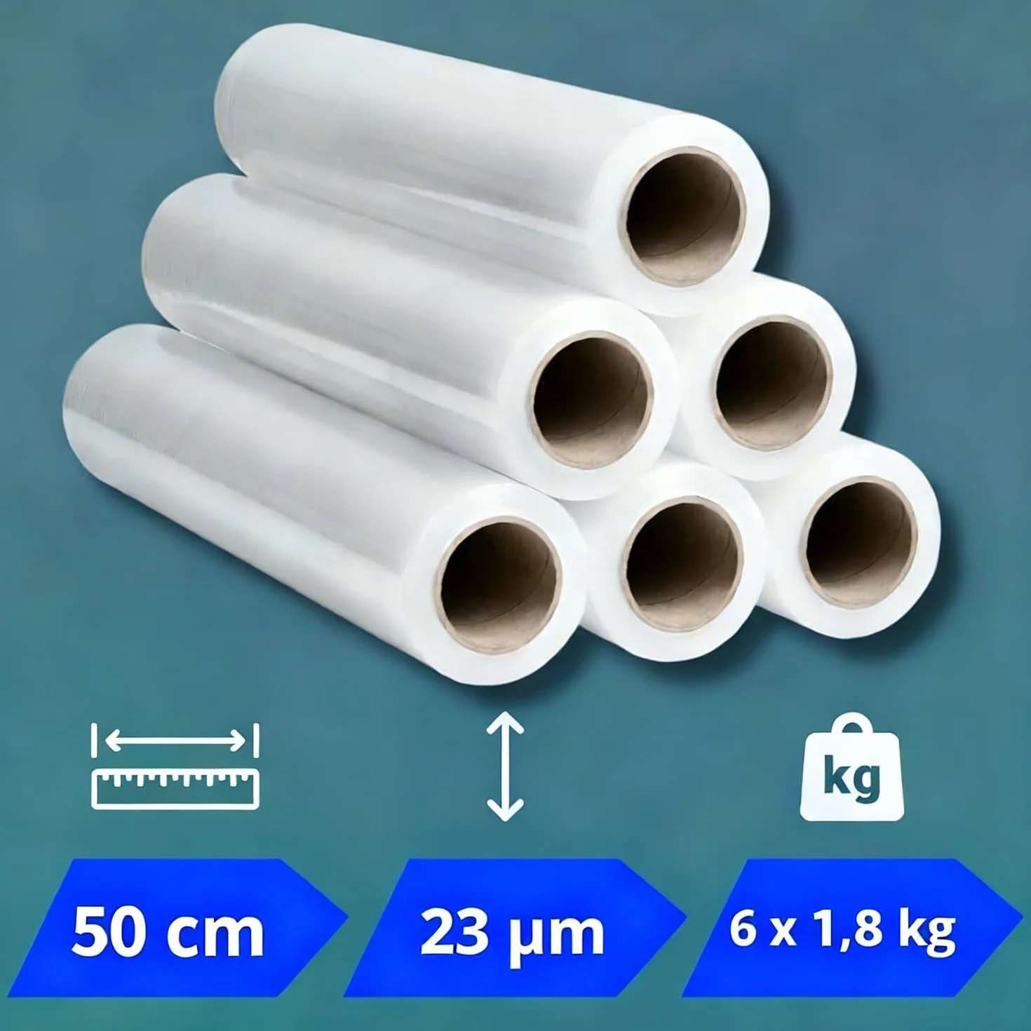 Pellicola trasparente per imballaggio 23 micron 50cm 250m 6 rotoli Made in UE