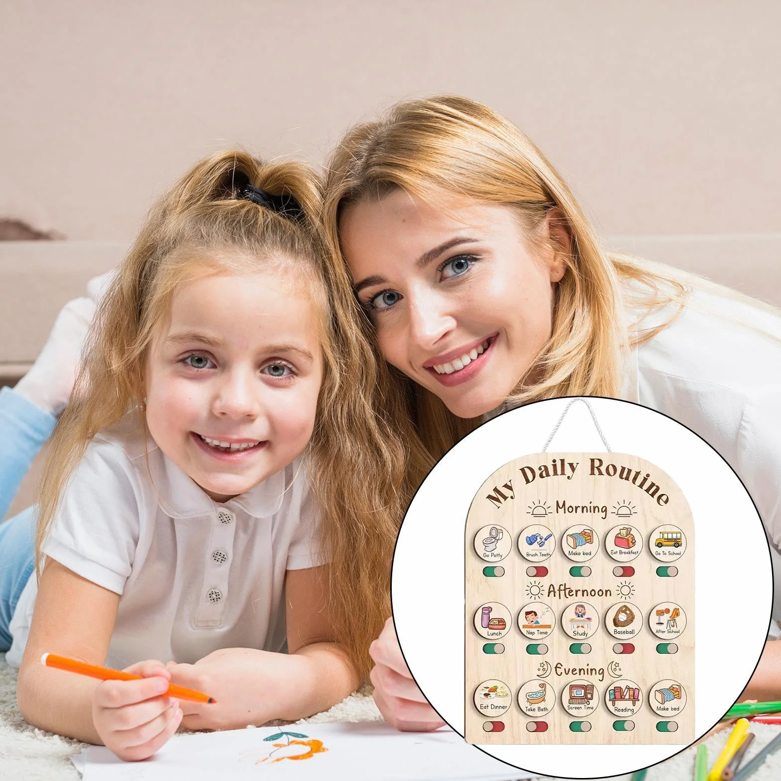Tavola di routine per bambini – Planner giornaliero in legno, routine mattutina e serale | Board organizzativo educativo per bambini, bambini piccoli, scuola materna, scuola, casa, attività di